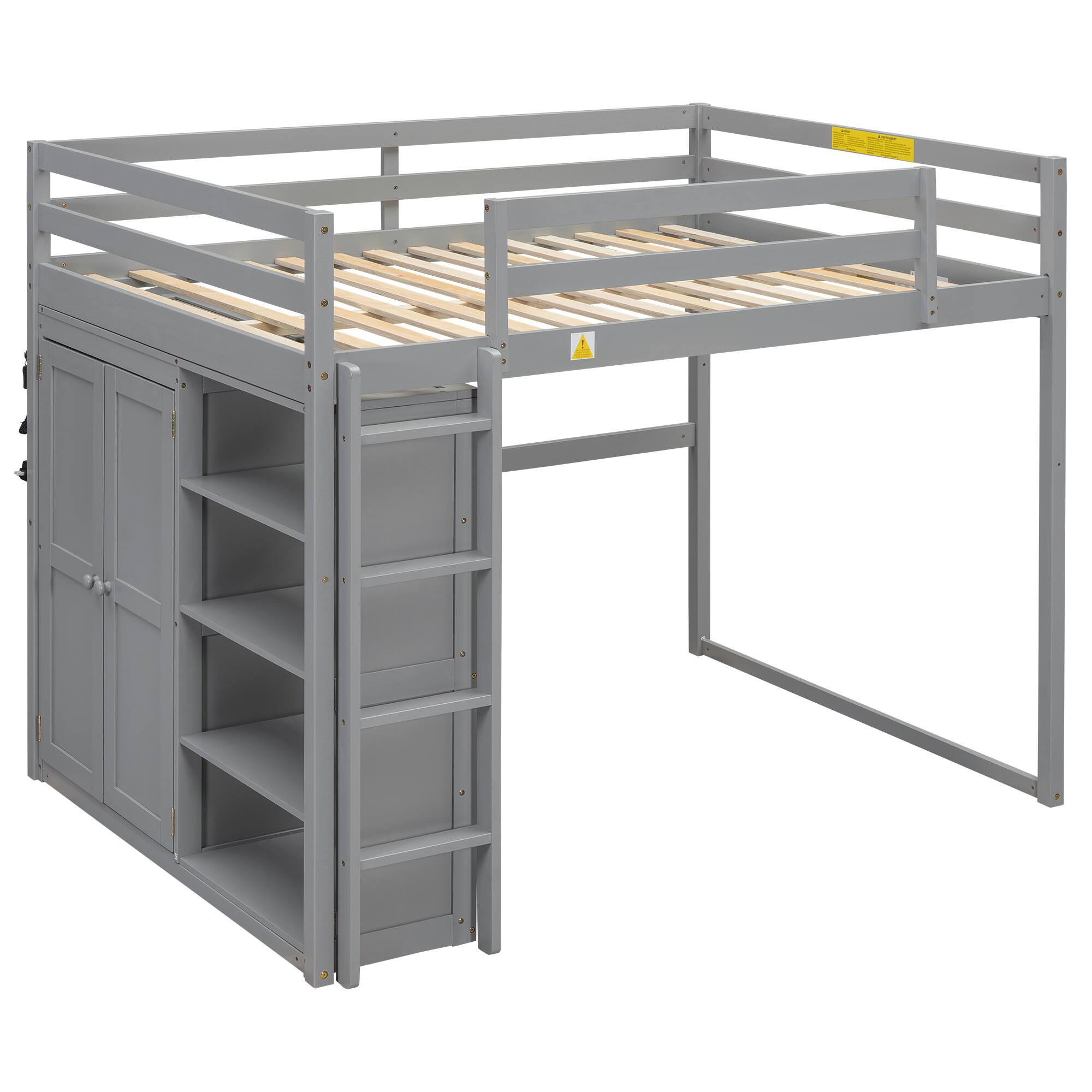 Back. Whisen - Full Size Loft Bed with Built-in Wardrobe, Storage Shelves and LED Light, Wood Frame - Gray.