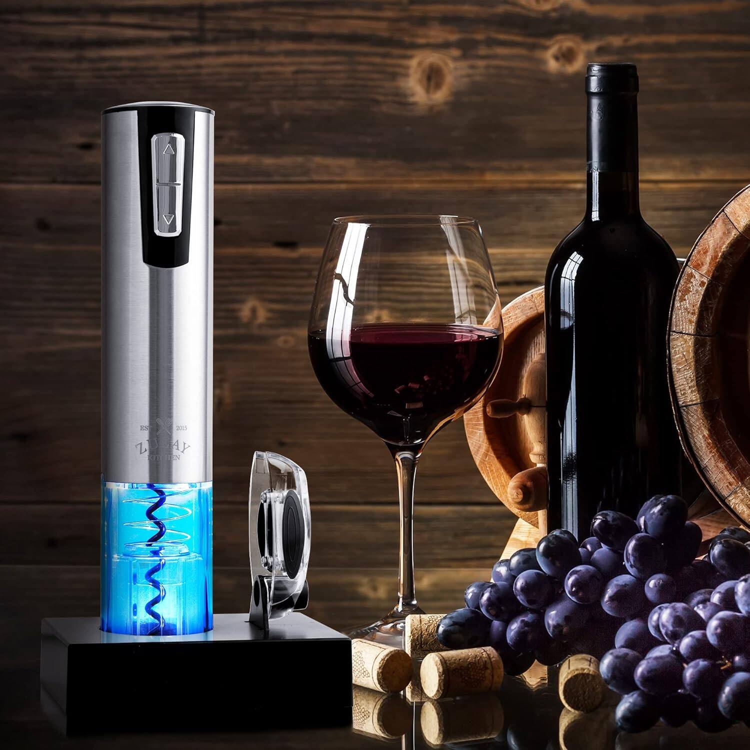 Angle. Zulay Kitchen - Zulay Kitchen Rechargeable Electric Wine Opener & Foil Cutter with Charging Base - Silver.