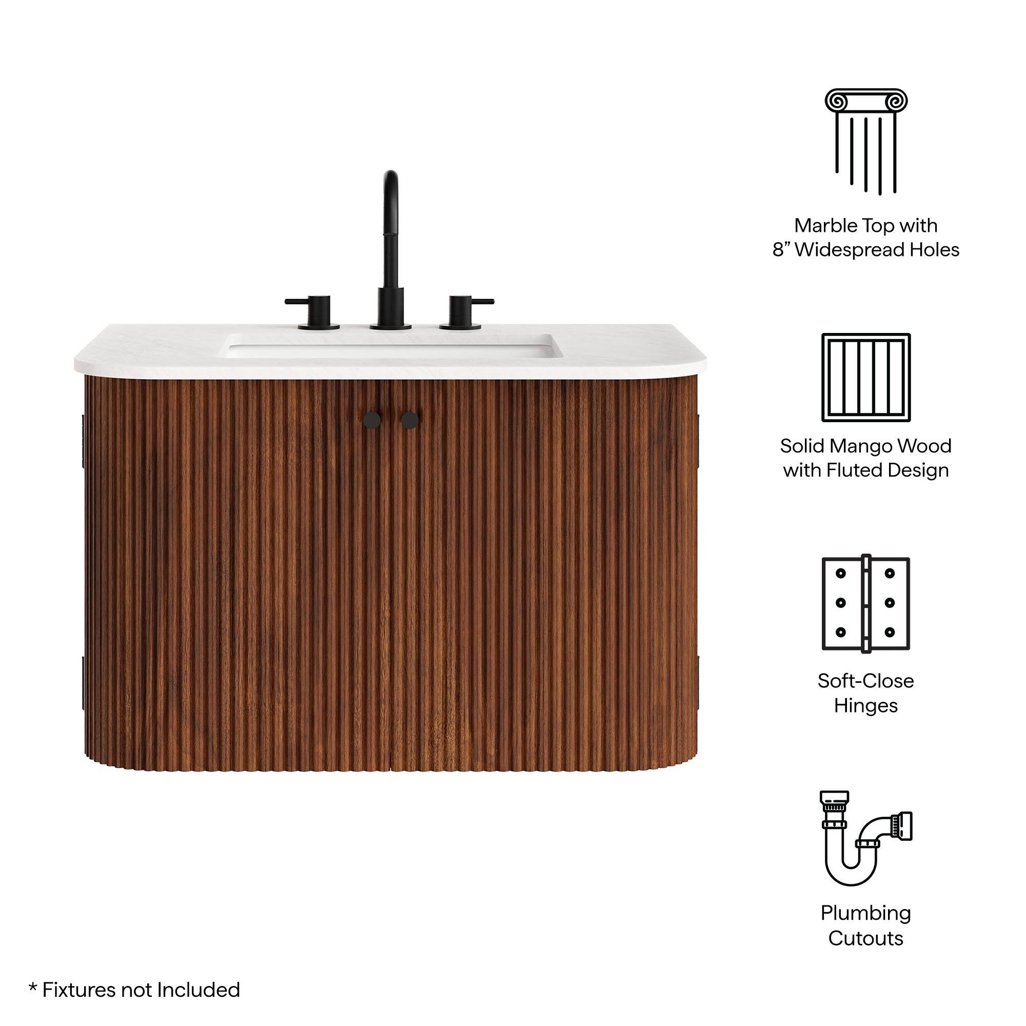 Marble Top with 8" Widespread Holes  
Solid Mango Wood with Fluted Design  
Soft-Close Hinges  
Plumbing Cutouts  
*Fixtures not Included