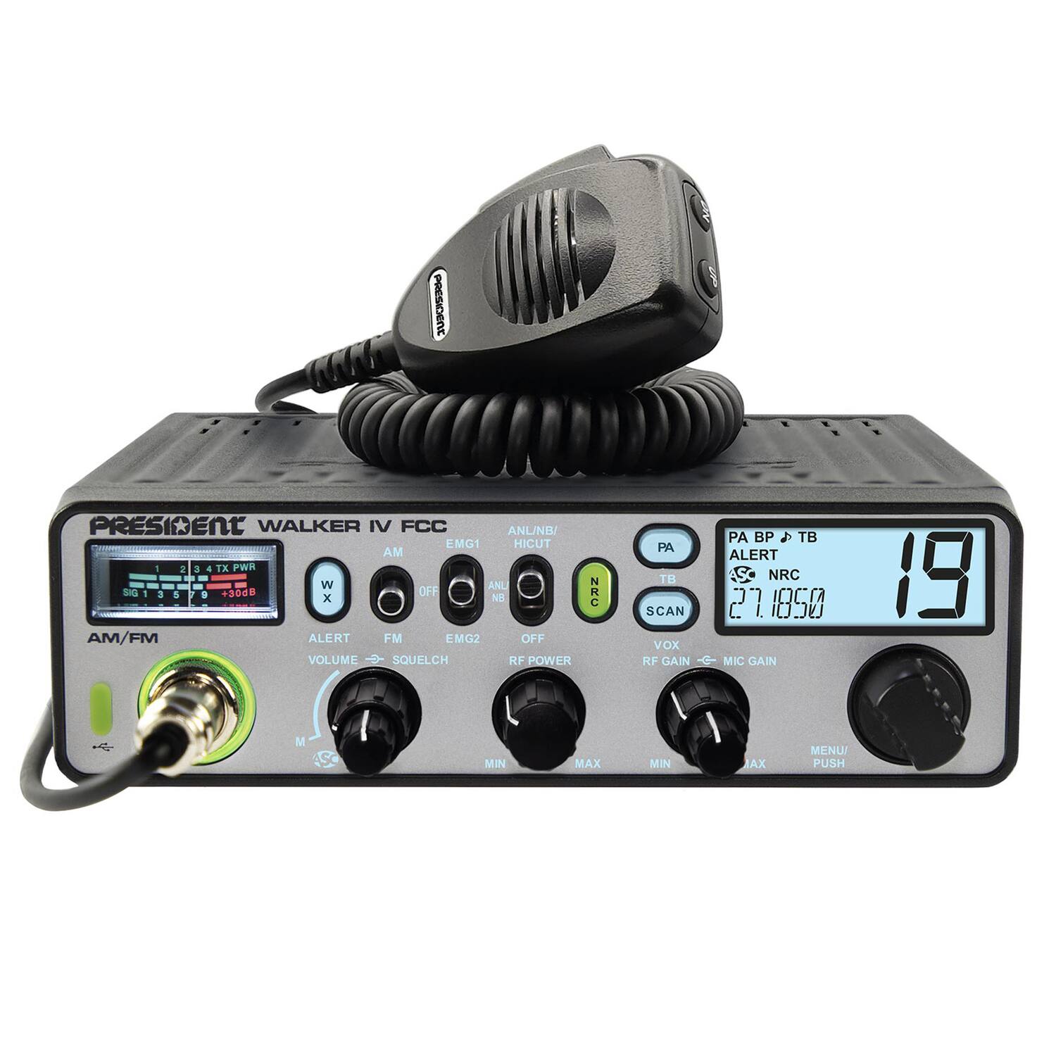 PRESIDENT WALKER IV FCC

AM/FM ALERT FM EMG2 OFF VOLUME SQUELCH RF POWER NRC R PA TB SCAN VOX RF GAIN PA BP TB ALERT NRC 27.1850 MIC GAIN 19

MIN MAX MIN MAX

MENU PUSH