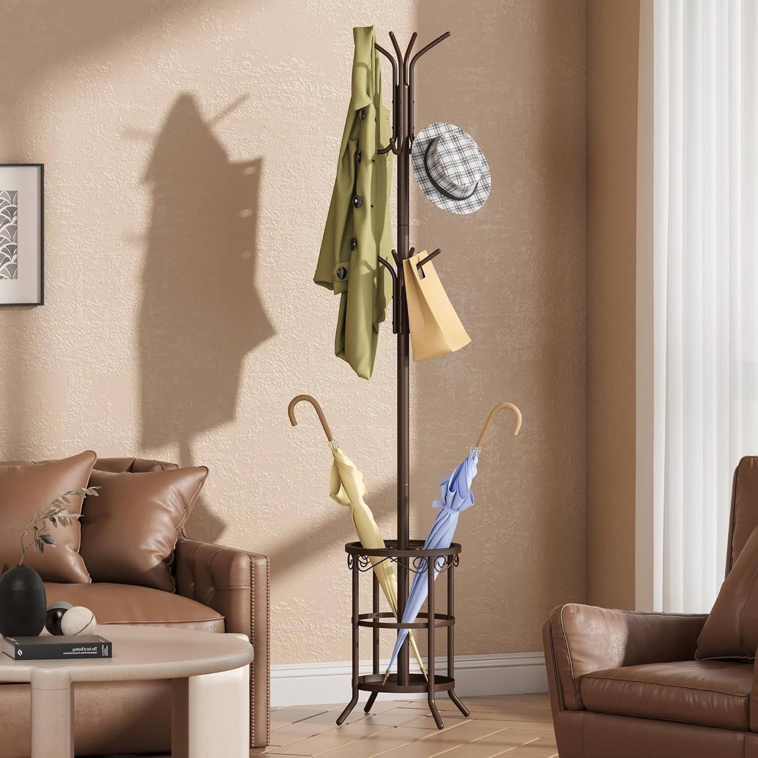 Front. Hivvago - Brown Metal Coat Rack Entryway Hall Tree with Umbrella Stand - Brown.
