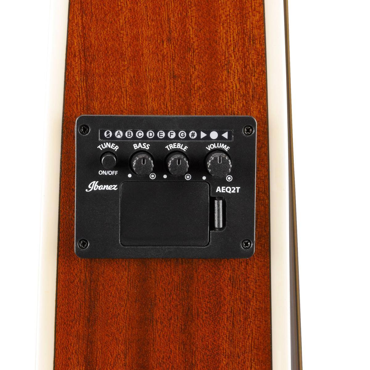 A B C D E F G # TUNER BASS U ON/OFF . Ibanez E F G # TREBLE U . VOLUME 7 U + AEQ2T