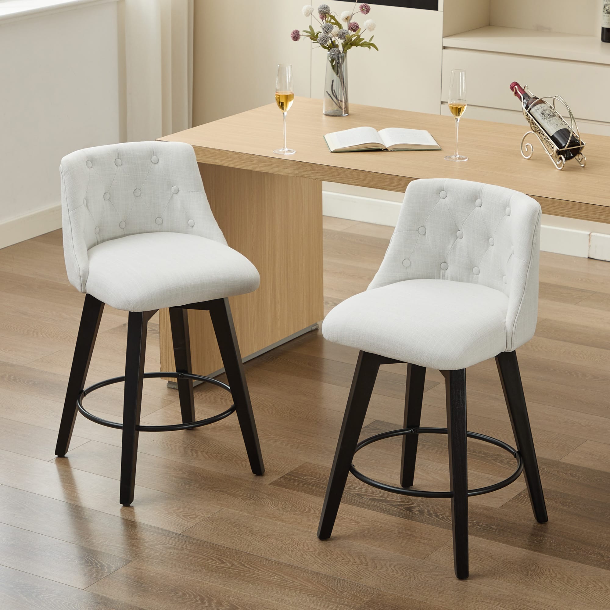 APRILSOUL - 007-360 Swivel Bar Stools Set of 2 Modern 25 Counter Height StainResistant Button Tufted - White