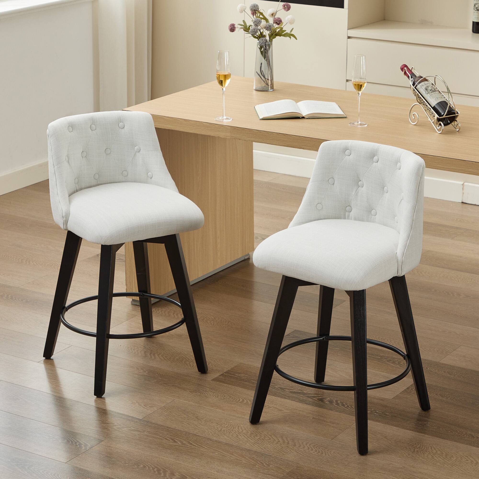 APRILSOUL - 007-360 Swivel Bar Stools Set of 2 Modern 25 Counter Height StainResistant Button Tufted - White