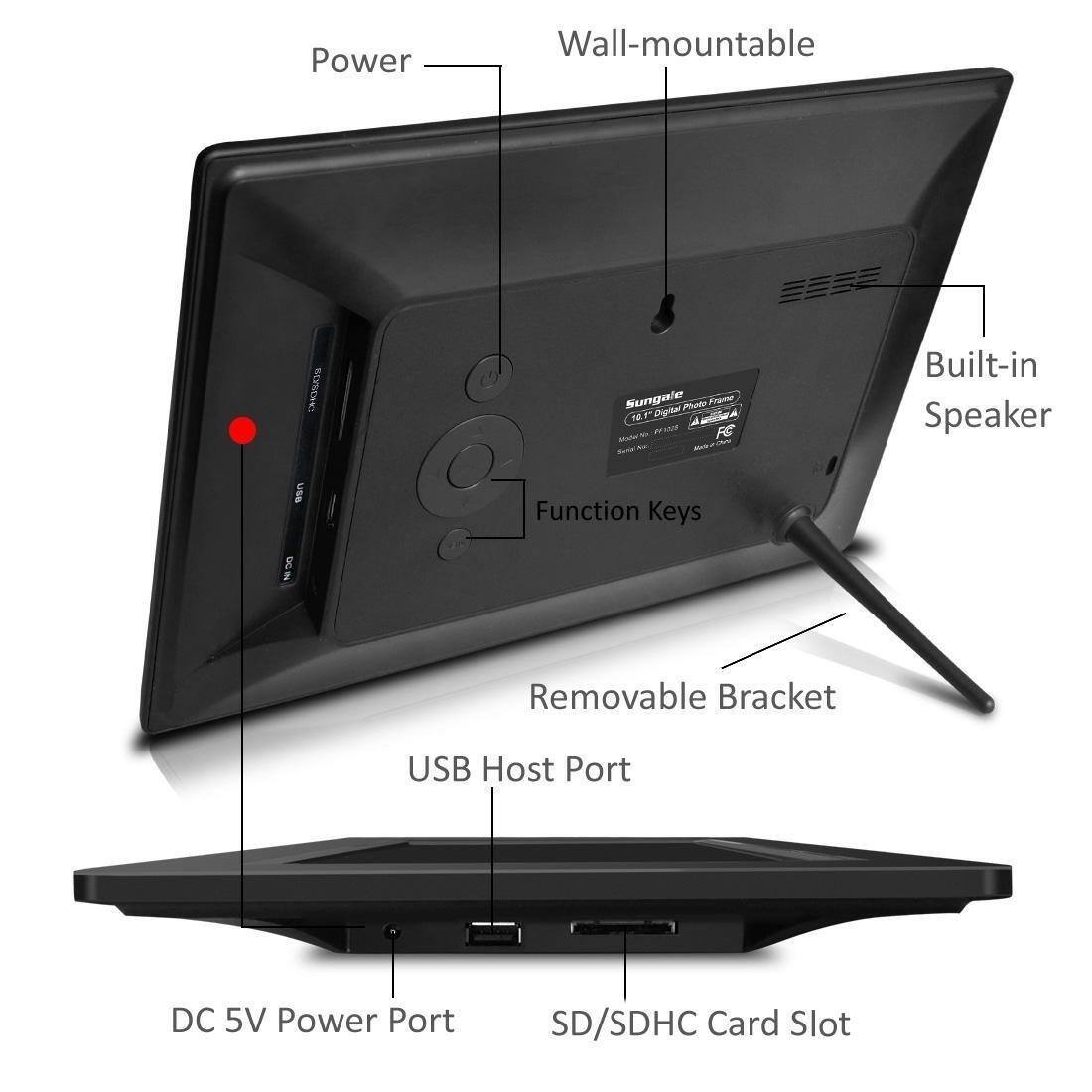 - Power
- Wall-mountable
- Built-in Speaker
- Function Keys
- Removable Bracket
- USB Host Port
- DC 5V Power Port
- SD/SDHC Card Slot