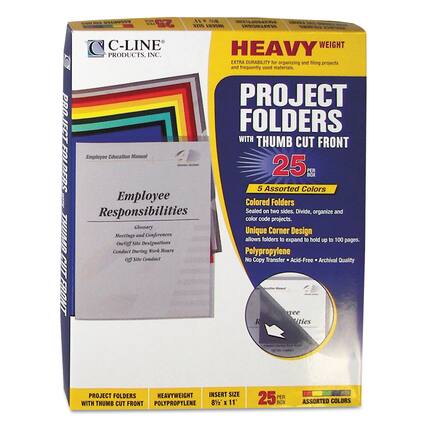 **C-Line Products, Inc.**
**HEAVY WEIGHT PROJECT FOLDERS WITH THUMB CUT FRONT**
- **25 PER BOX**
- **5 Assorted Colors**
**Features:**
- **Extra Durability** for organizing and filing projects and frequently used materials.
- **Colored Folders** sealed on two sides. Divide, organize, and color code projects.
- **Unique Corner Design** allows folders to expand to hold up to 100 pages.
- **Polypropylene** - No Copy Transfer, Acid-Free, Archival Quality.
**Insert Size:** 8½ x 11
**Employee Education Manual:**
- **Employee Responsibilities**
- Glossary
- Meetings and Conferences
- On-Site Designations
- Conduct During Work Hours
- Off-Site Conduct
**Assorted Colors** included in the box.