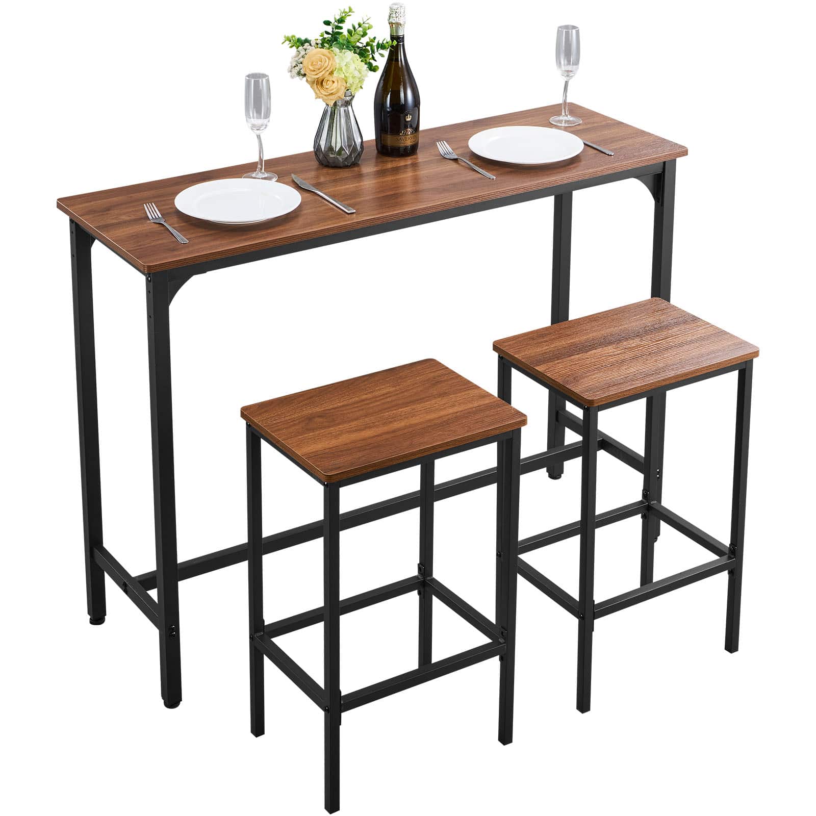VEVOR - Bar Table, 3PCS 47″ Bars Tables Set, Bar Tables and Chair Set with Rounded Edge Design, Rectangular Pub Table - Brown + black