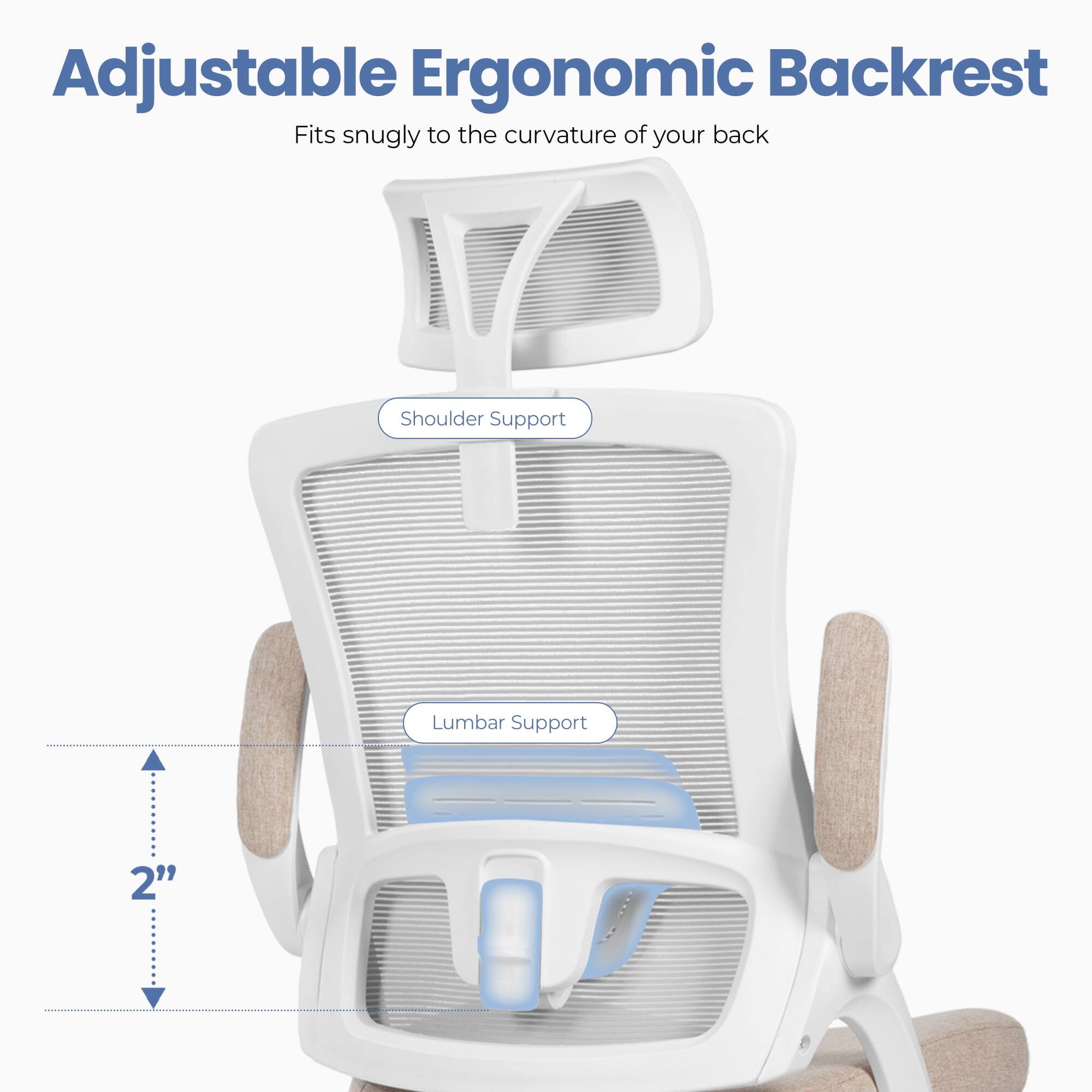 Adjustable Ergonomic Backrest  
Fits snugly to the curvature of your back  

Shoulder Support  
Lumbar Support  

2"