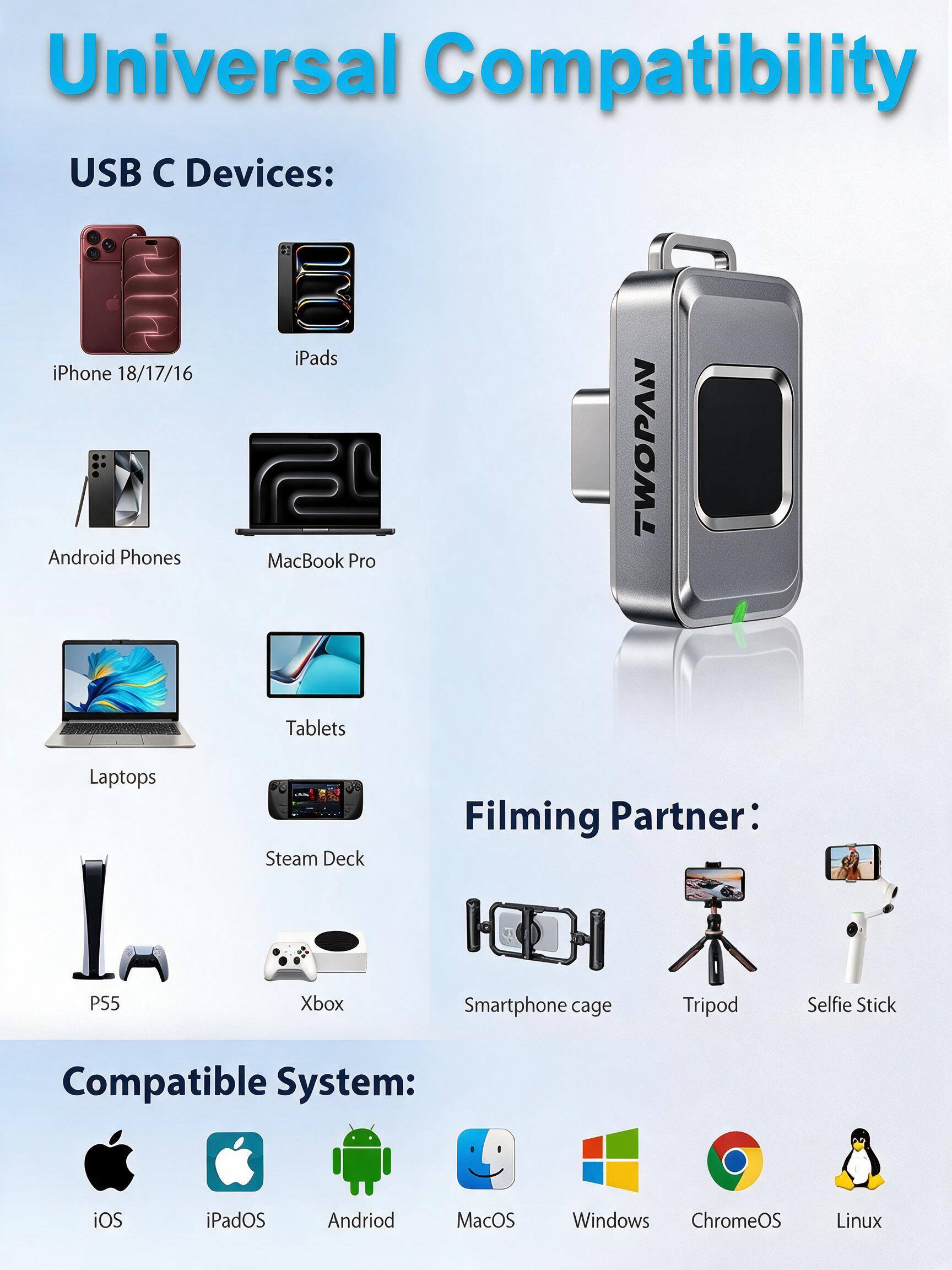 Universal Compatibility USB C Devices:
- iPhone 18/17/16
- iPads
- Android Phones
- MacBook Pro
- Laptops
- Tablets
- Steam Deck
- P55
- Xbox

Filming Partner:
- Smartphone cage
- Tripod
- Selfie Stick

Compatible System:
- iOS
- iPadOS
- Android
- MacOS
- Windows
- ChromeOS
- Linux