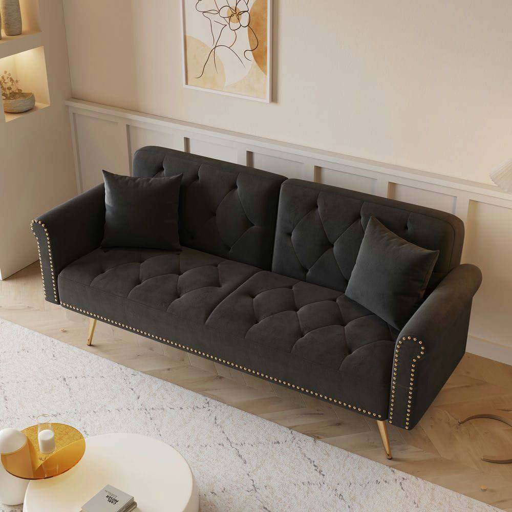 Left. Kadyn - 69.7" Velvet Sofa Bed with Nail Head Trim & Matching Throw Pillow - Black.