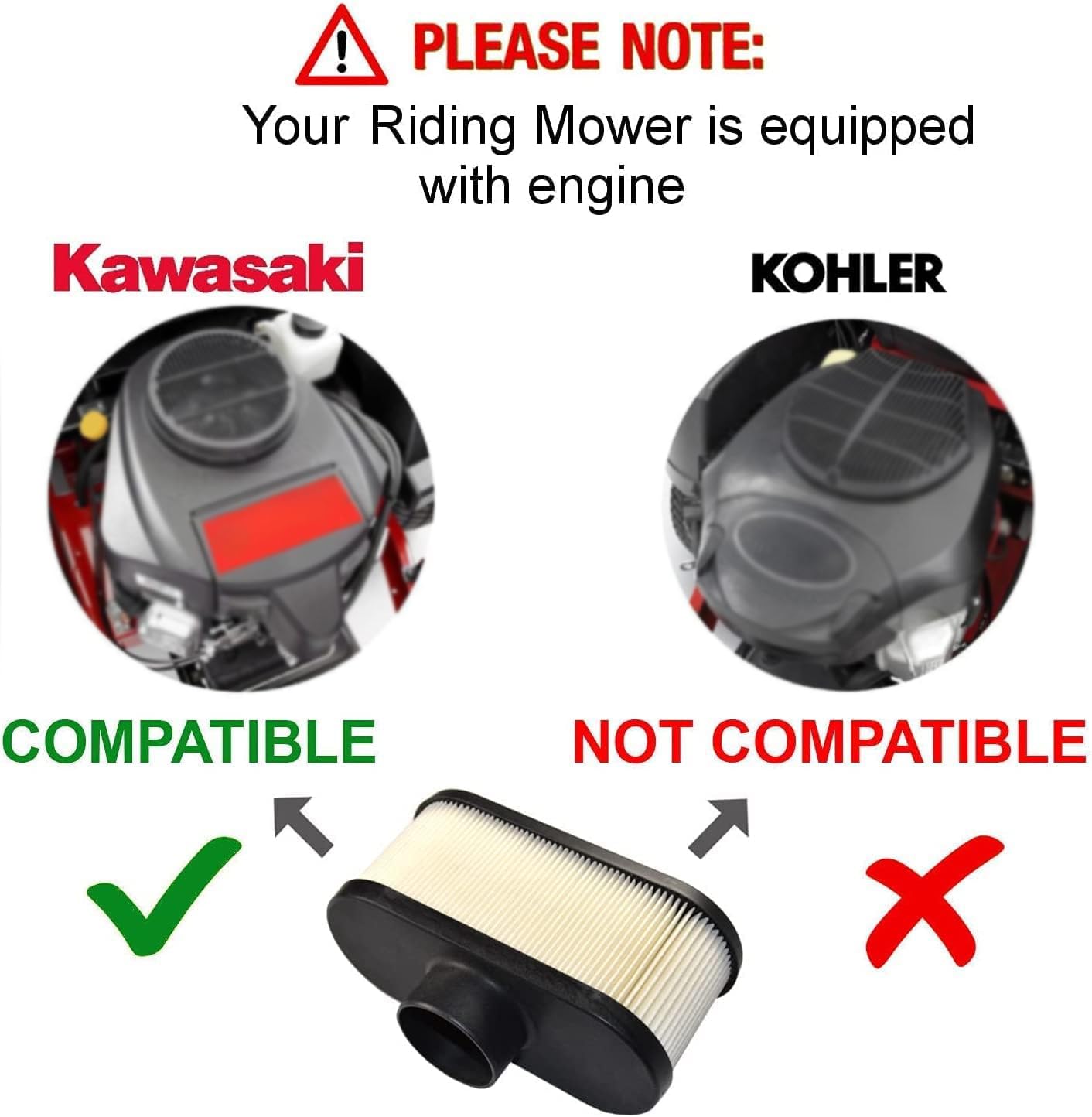 ! PLEASE NOTE:  
Your Riding Mower is equipped with engine  
Kawasaki  
COMPATIBLE  
KOHLER  
NOT COMPATIBLE