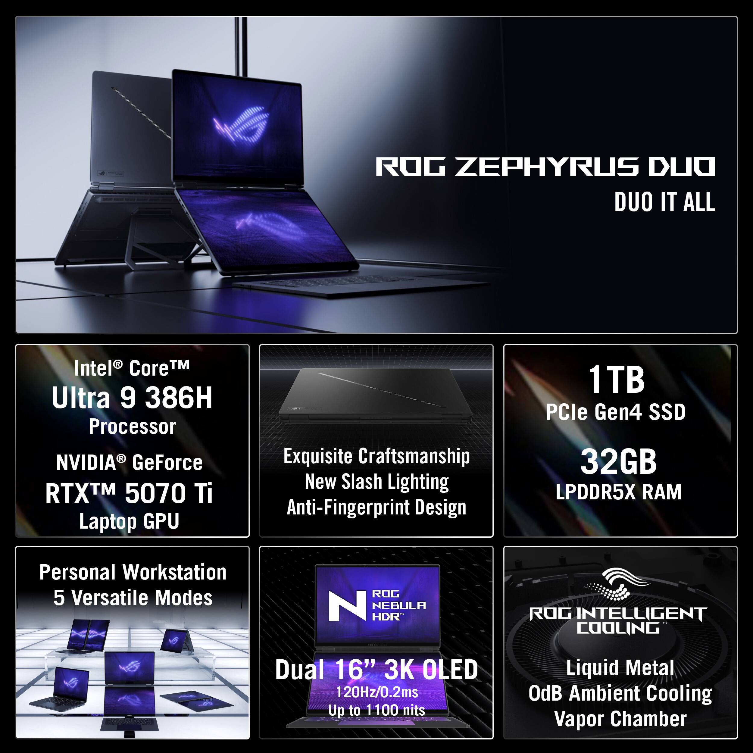 ROG ZEPHYRUS DUO  
DUO IT ALL  

Intel® Core™ Ultra 9 386H Processor  
NVIDIA® GeForce RTX™ 5070 Ti Laptop GPU  

Exquisite Craftsmanship  
New Slash Lighting  
Anti-Fingerprint Design  

1TB PCIe Gen4 SSD  
32GB LPDDR5X RAM  

Personal Workstation  
5 Versatile Modes  

Dual 16" 3K OLED  
120Hz/0.2ms  
Up to 1100 nits  

ROG INTELLIGENT COOLING  
Liquid Metal  
OdB Ambient Cooling  
Vapor Chamber