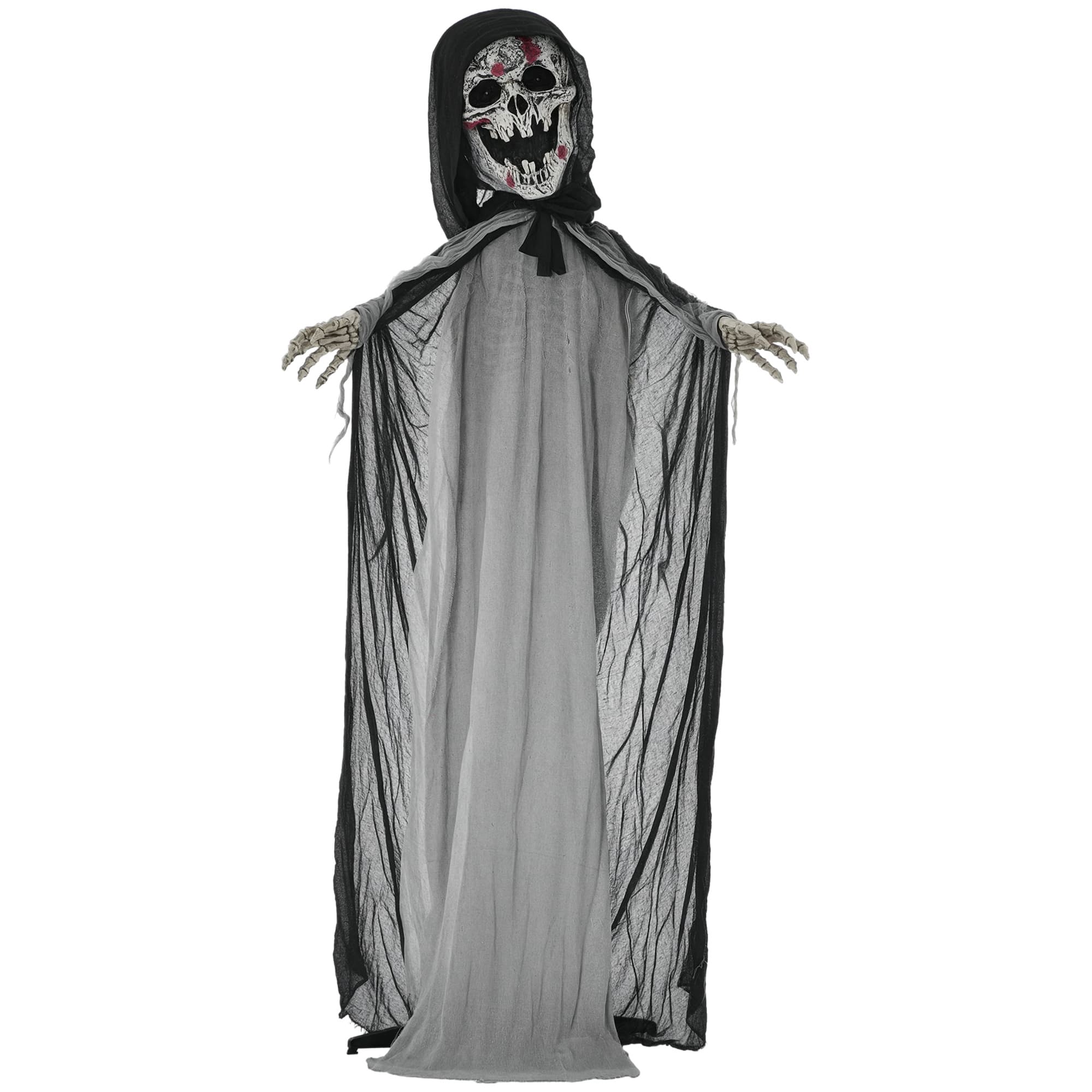 Outsunny - 74" Outdoor Halloween Decorations Skeleton Witch, Animated Decor with Sound and Motion Activated, Light Up Eye and Chest - Gray