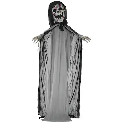 Front. Outsunny - 74" Outdoor Halloween Decorations Skeleton Witch, Animated Decor with Sound and Motion Activated, Light Up Eye and Chest - Grey.