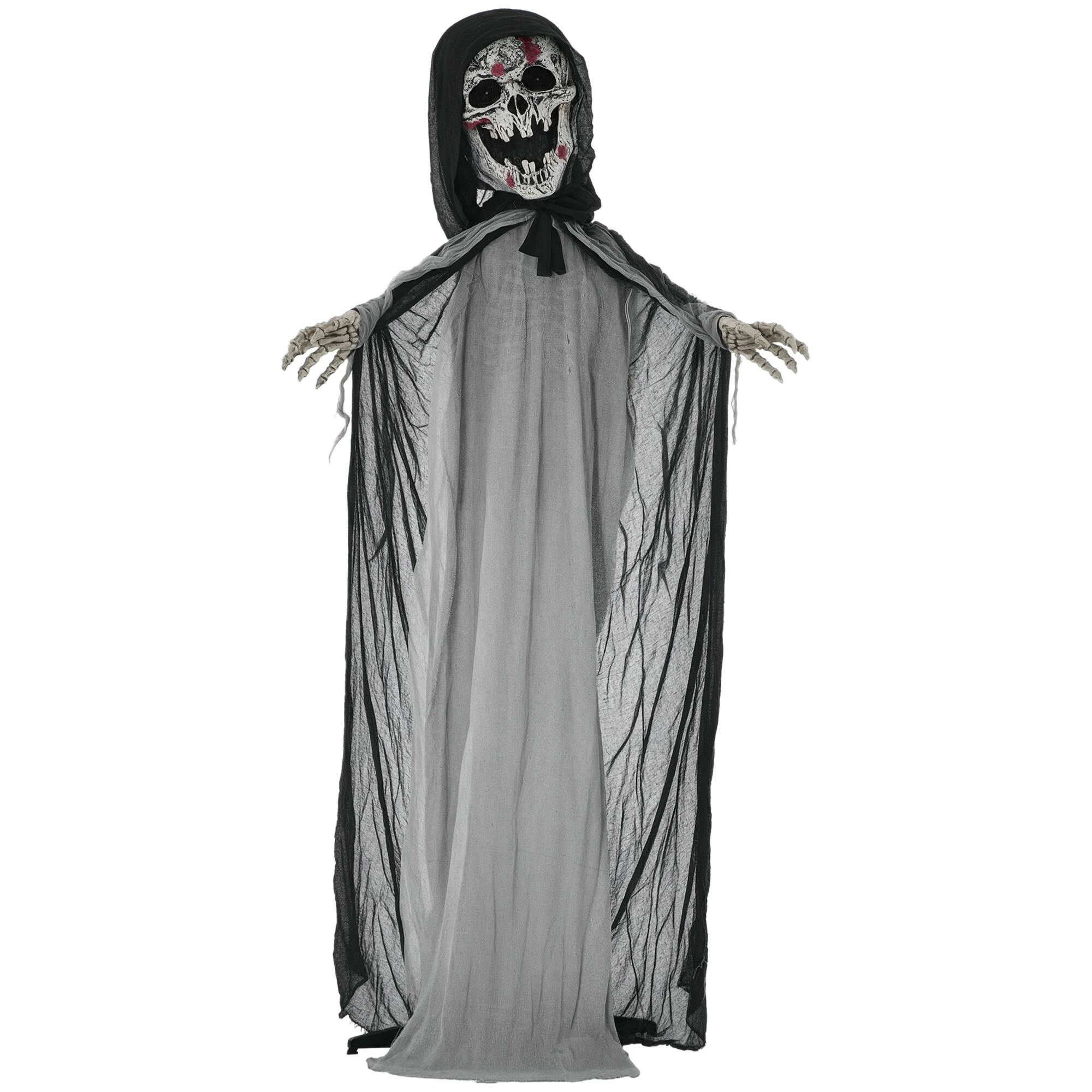 Front. Outsunny - 74" Outdoor Halloween Decorations Skeleton Witch, Animated Decor with Sound and Motion Activated, Light Up Eye and Chest - Grey.