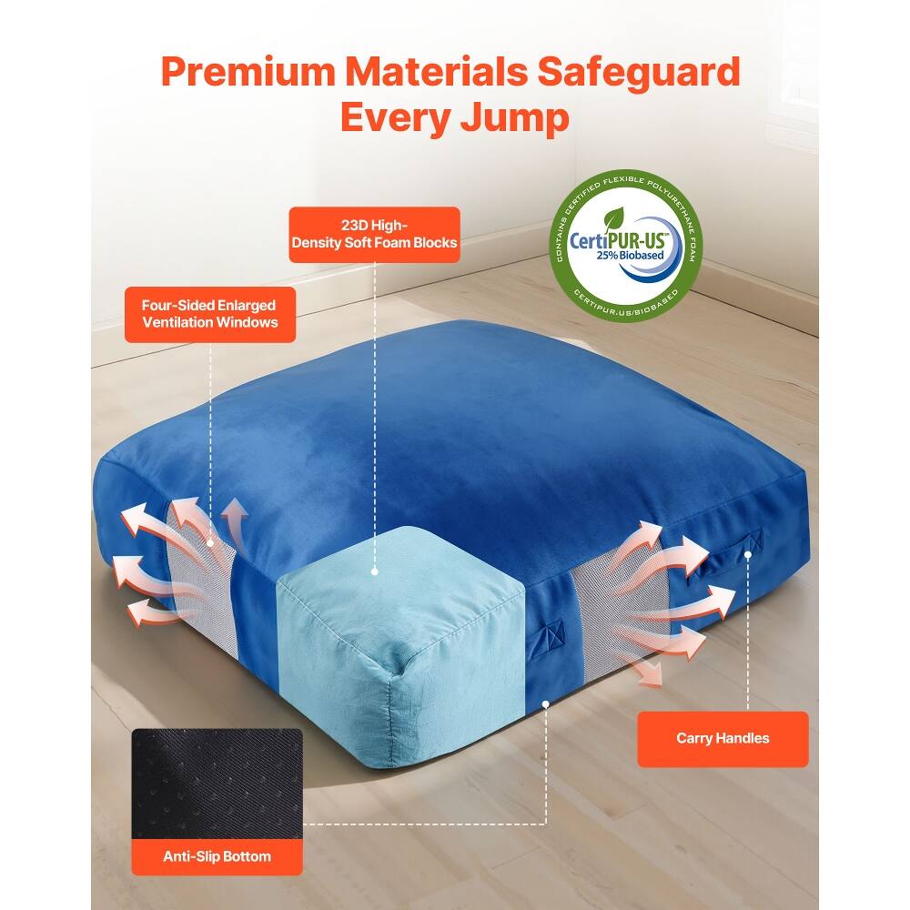 Premium Materials Safeguard Every Jump

23D High-Density Soft Foam Blocks

Four-Sided Enlarged Ventilation Windows

Carry Handles

Anti-Slip Bottom

Certified Flexible Polyurethane Foam
CertiPUR-US 25% BioBased