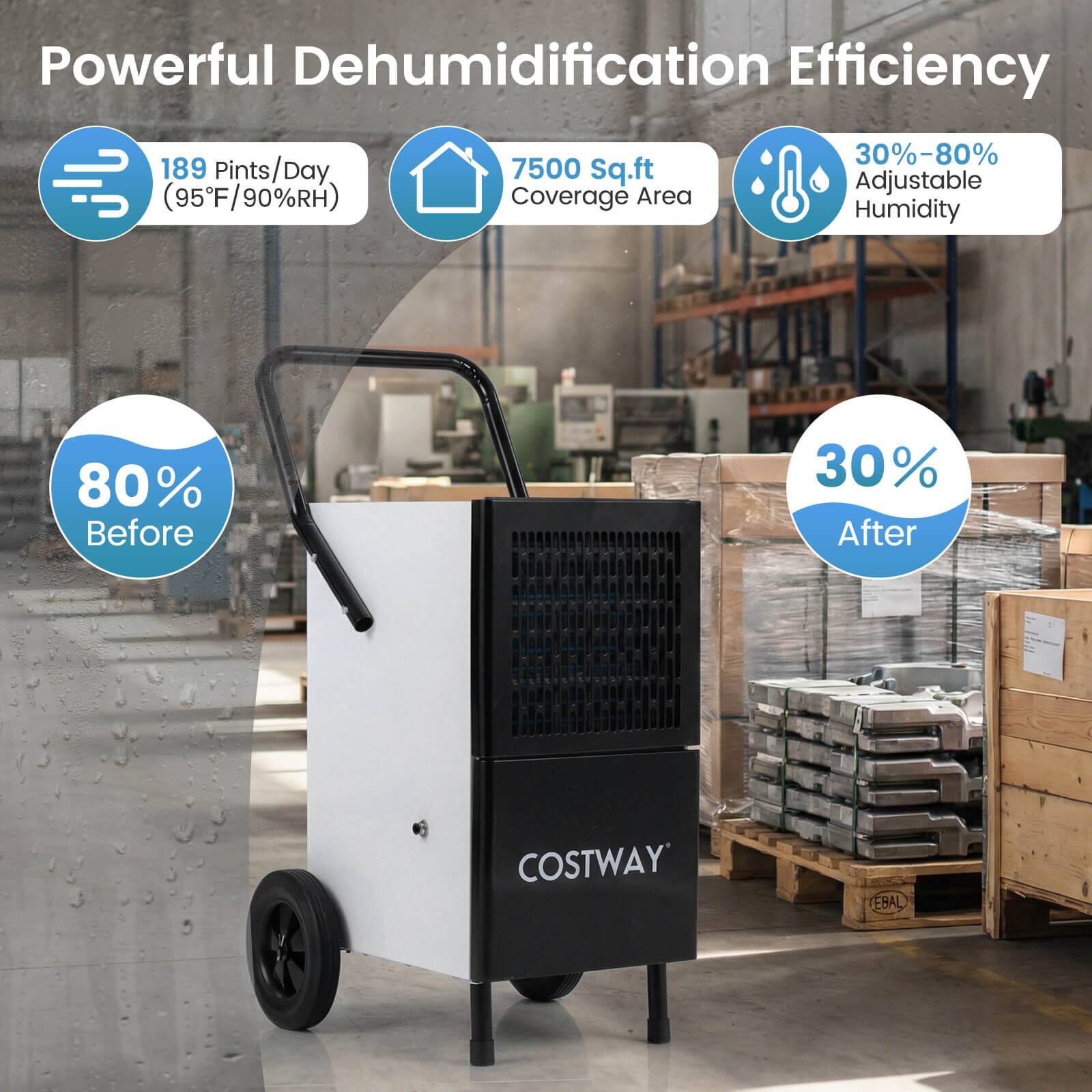 Powerful Dehumidification Efficiency  
189 Pints/Day (95°F/90%RH)  
7500 Sq.ft Coverage Area  
30%-80% Adjustable Humidity  
80% Before  
30% After  
COSTWAY EBAL