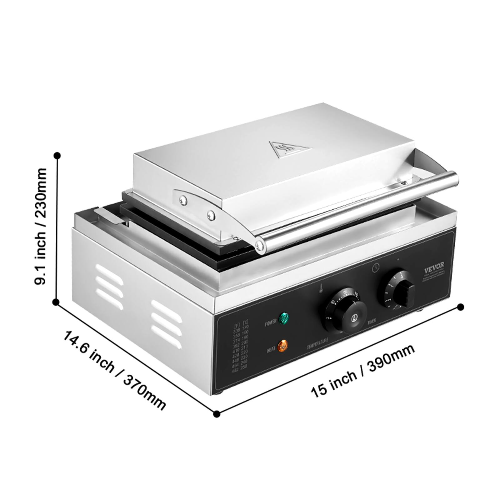 / 230mm inch 9.1  
14.6 inch I 370mm  
[] (c) 338 170 356 100 374 190 392 200 410 210 478 220 448 230 484 240 432 250  
POWER  
VEVOR SV 2. THEN TEMPERATURE inch / 390mm 15