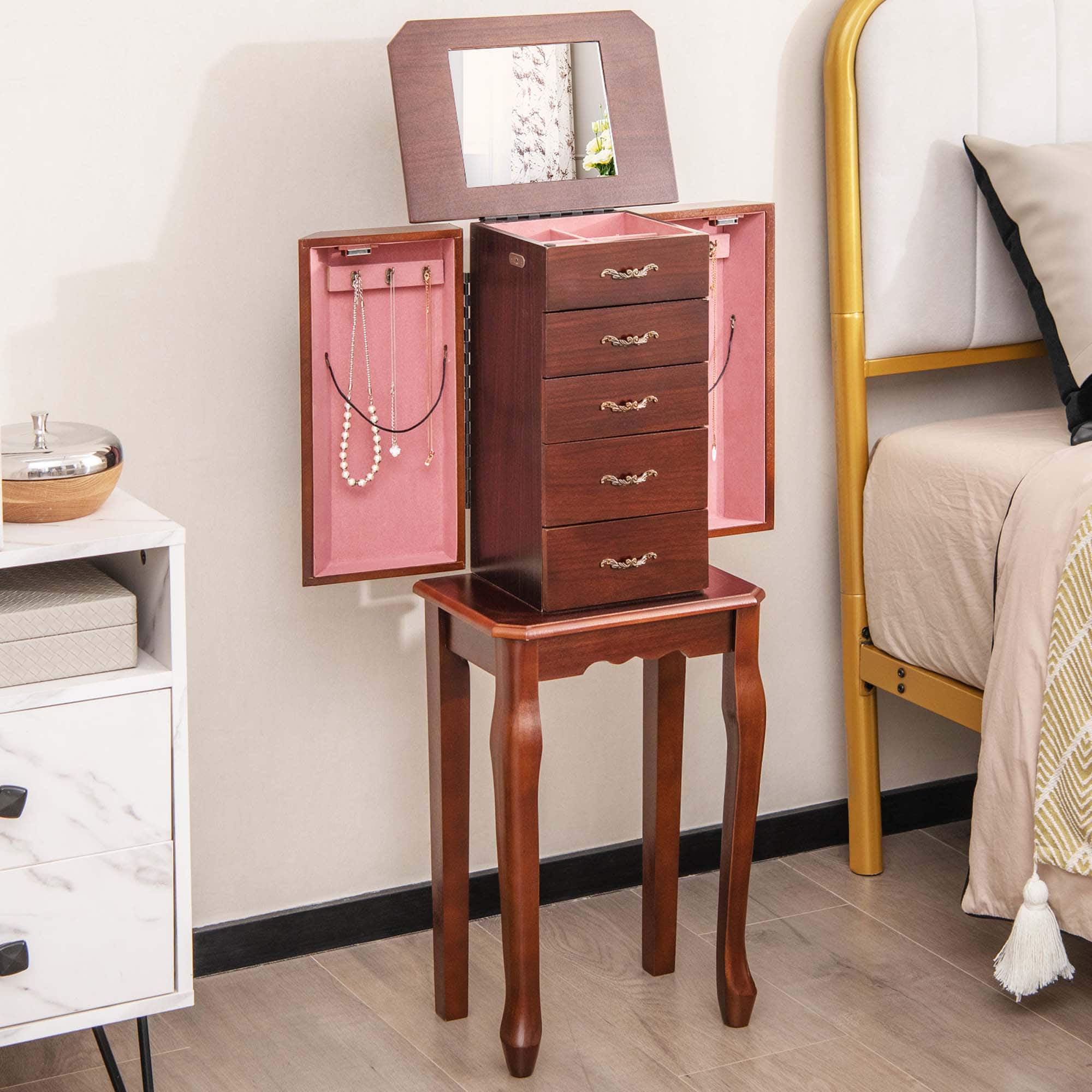 Angle. Costway - Jewelry Cabinet Storage Chest Stand Organizer Wood Box for Home Walnut - Walnut.
