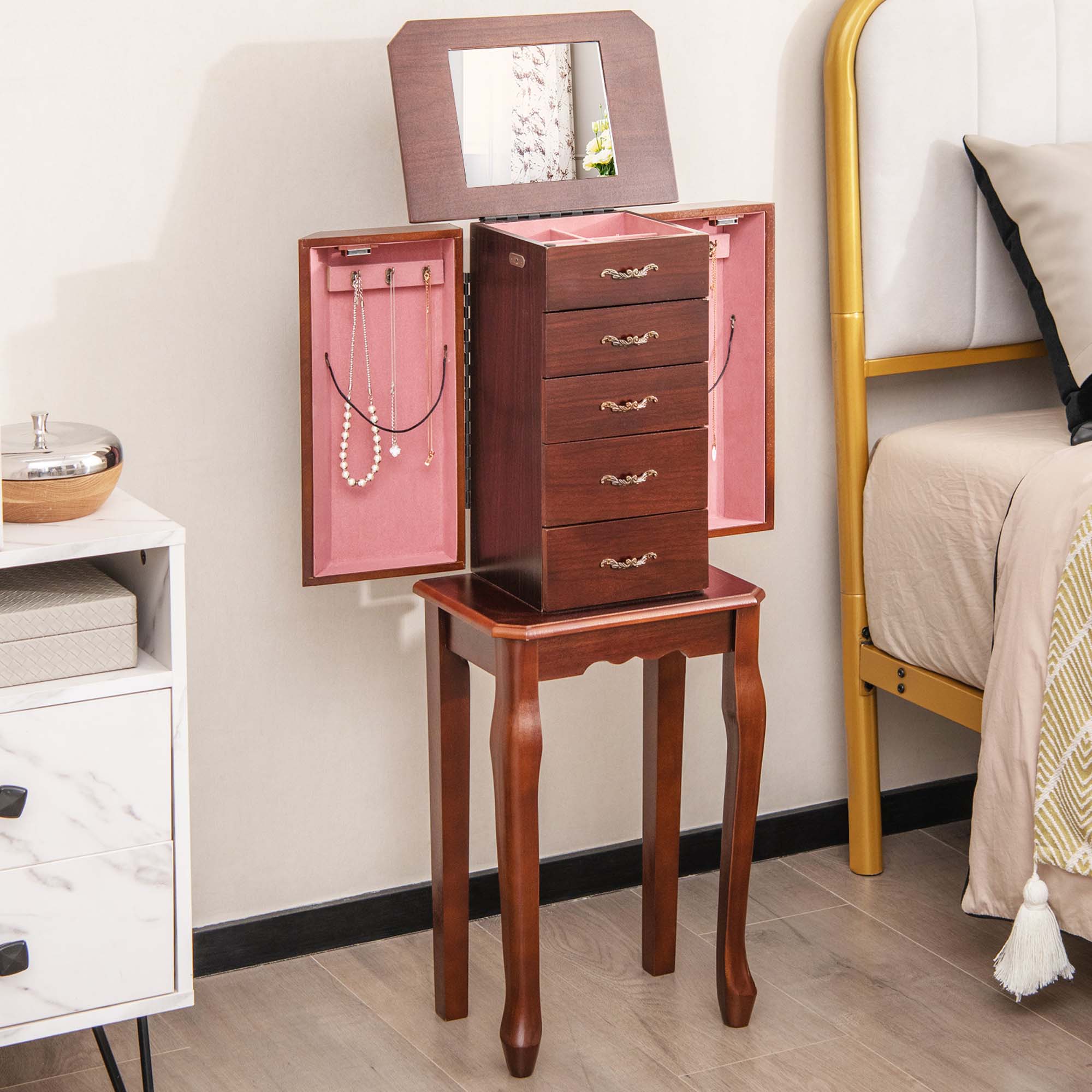 Angle. Costway - Jewelry Cabinet Storage Chest Stand Organizer Wood Box for Home Walnut - Walnut.