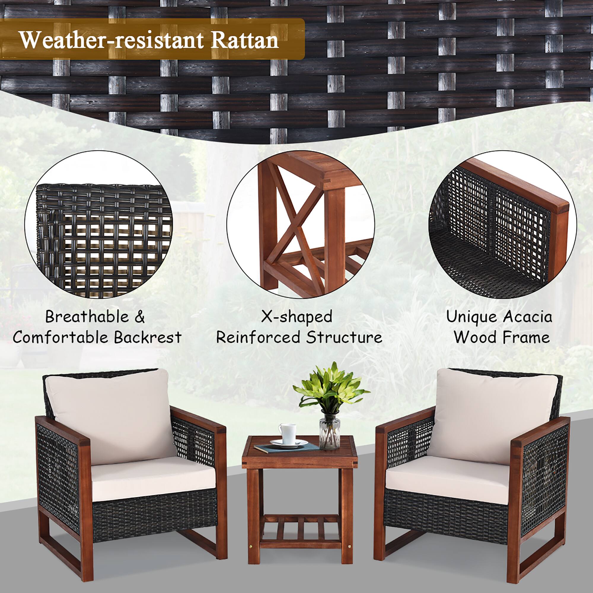 Weather-resistant Rattan, Breathable & Comfortable Backrest, X-shaped Reinforced Structure, Unique Acacia Wood Frame