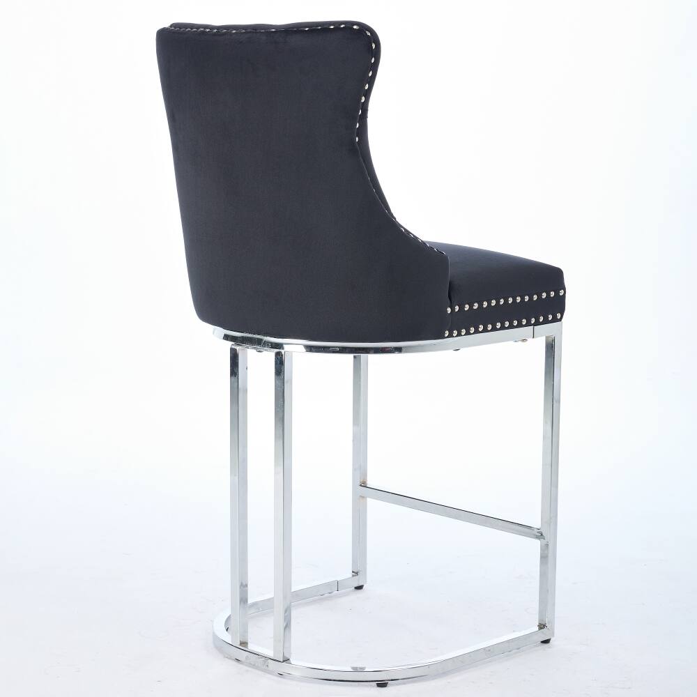 Alt View 3. Loheer - Loheer Counter Height Bar Stools Set of 2 Black Velvet Tufted Kitchen Island Chairs with Metal Legs - Black.