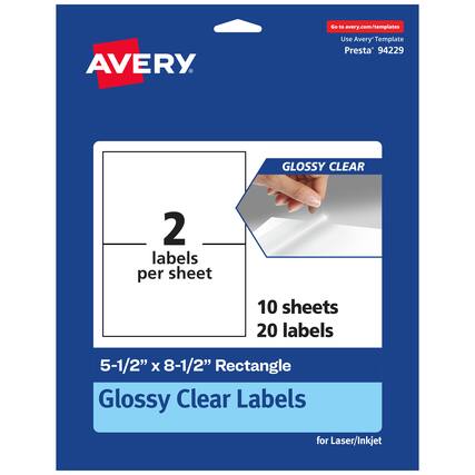 Go to avery.com/templates
Use Avery Template Presta® 94229
GLOSSY CLEAR
2 labels per sheet
10 sheets 20 labels
5-1/2" x 8-1/2" Rectangle
Glossy Clear Labels for Laser/Inkjet