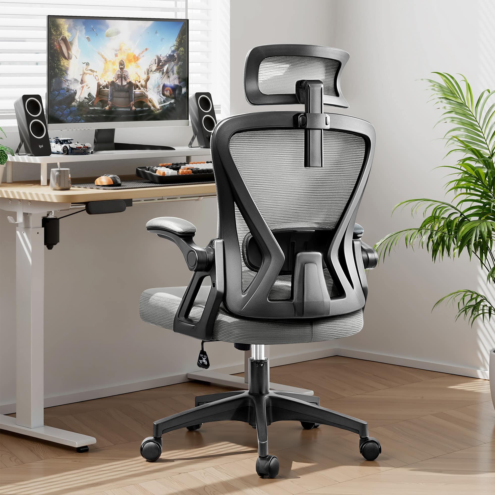Alt View 4. KERDOM - High Back Ergonomic Office Chair with Adjustable Headrest & Lumbar Support Tilt Reclining Computer Chair for Home Office - Light Grey.