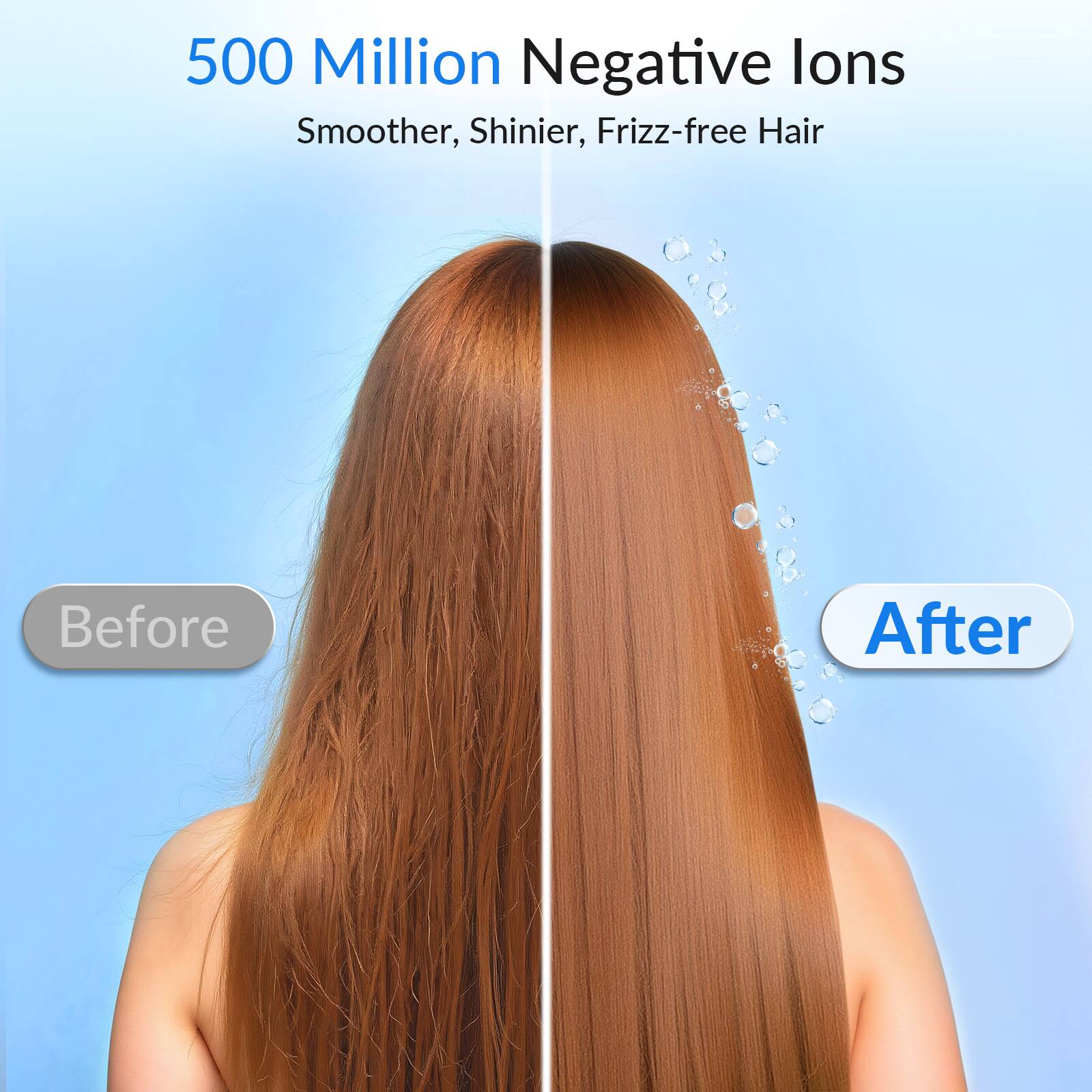 500 Million Negative Ions  
Smoother, Shinier, Frizz-free Hair  

Before  
After