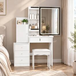 RYHNUYNE - Vanity Desk Set, Sliding Lighted Mirror, 4 Drawers, 9 Storage Spaces, Cushioned Stool, MDF - White