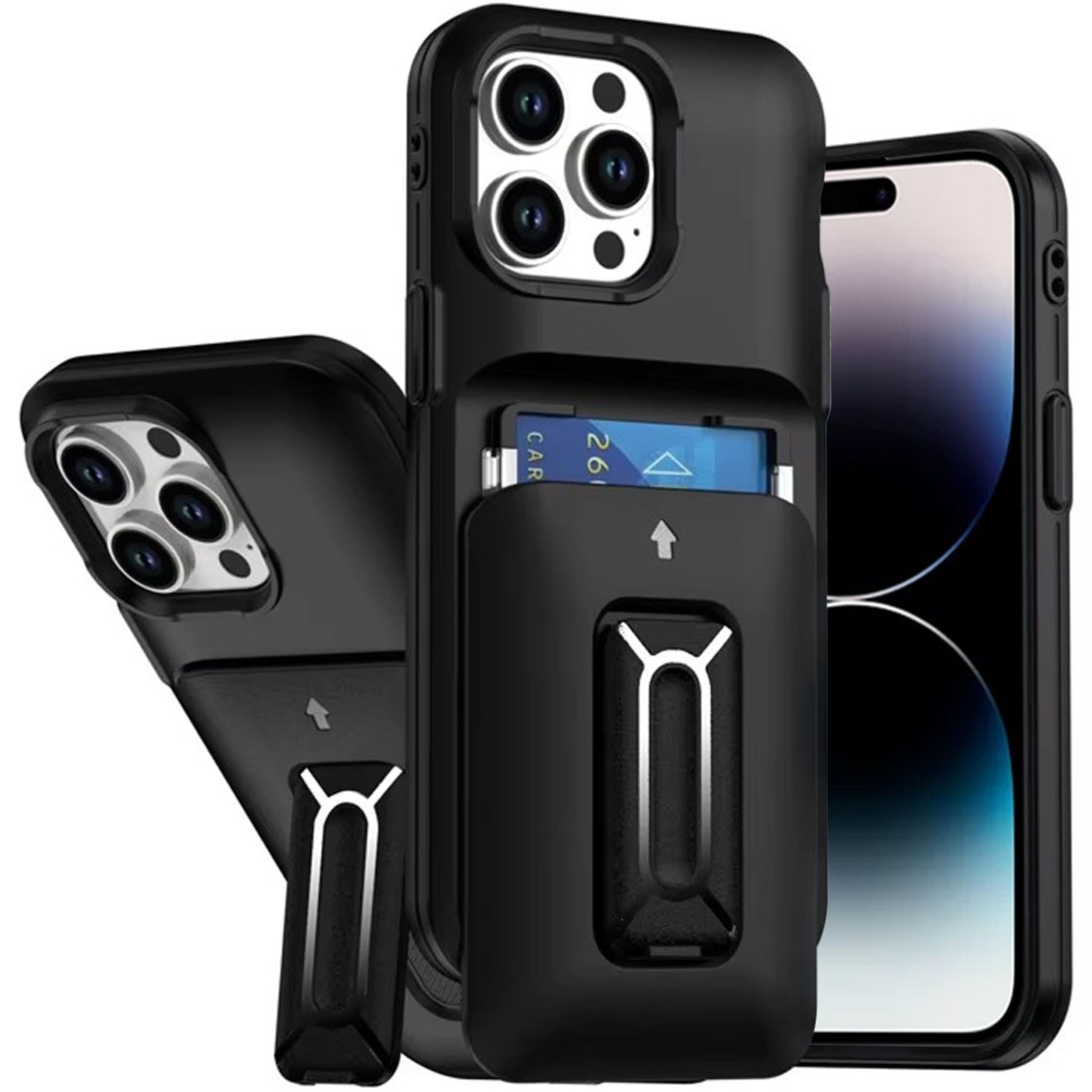 Kitcheniva - Wallet Card Holder Kickstand Case With Strap For iPhone 14 Pro Max - Black