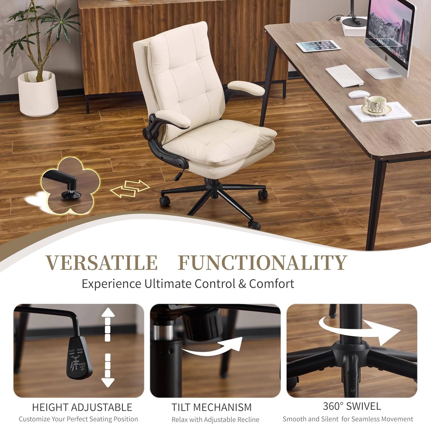 VERSATILE FUNCTIONALITY  
Experience Ultimate Control & Comfort  

HEIGHT ADJUSTABLE  
Customize Your Perfect Seating Position  

TILT MECHANISM  
Relax with Adjustable Recline  

360° SWIVEL  
Smooth and Silent for Seamless Movement
