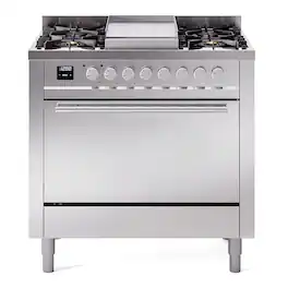 ILVE - Professional Plus II Series 36 in. Dual Fuel Range with 6 Sealed Burners + Griddle (Liquid Propane, Satin Trim) - Stainless Steel