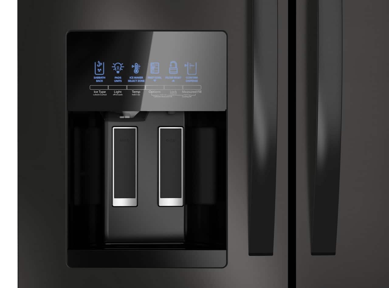 The text on the image reads: "P Sabbath Back Pads Units Ice Maker Past Cool Select Zone Confirm Dispense Ice Type Light Teined Neopent Temp Na - Options Cs Lock Measured Fall Coolingoe Cao 000."