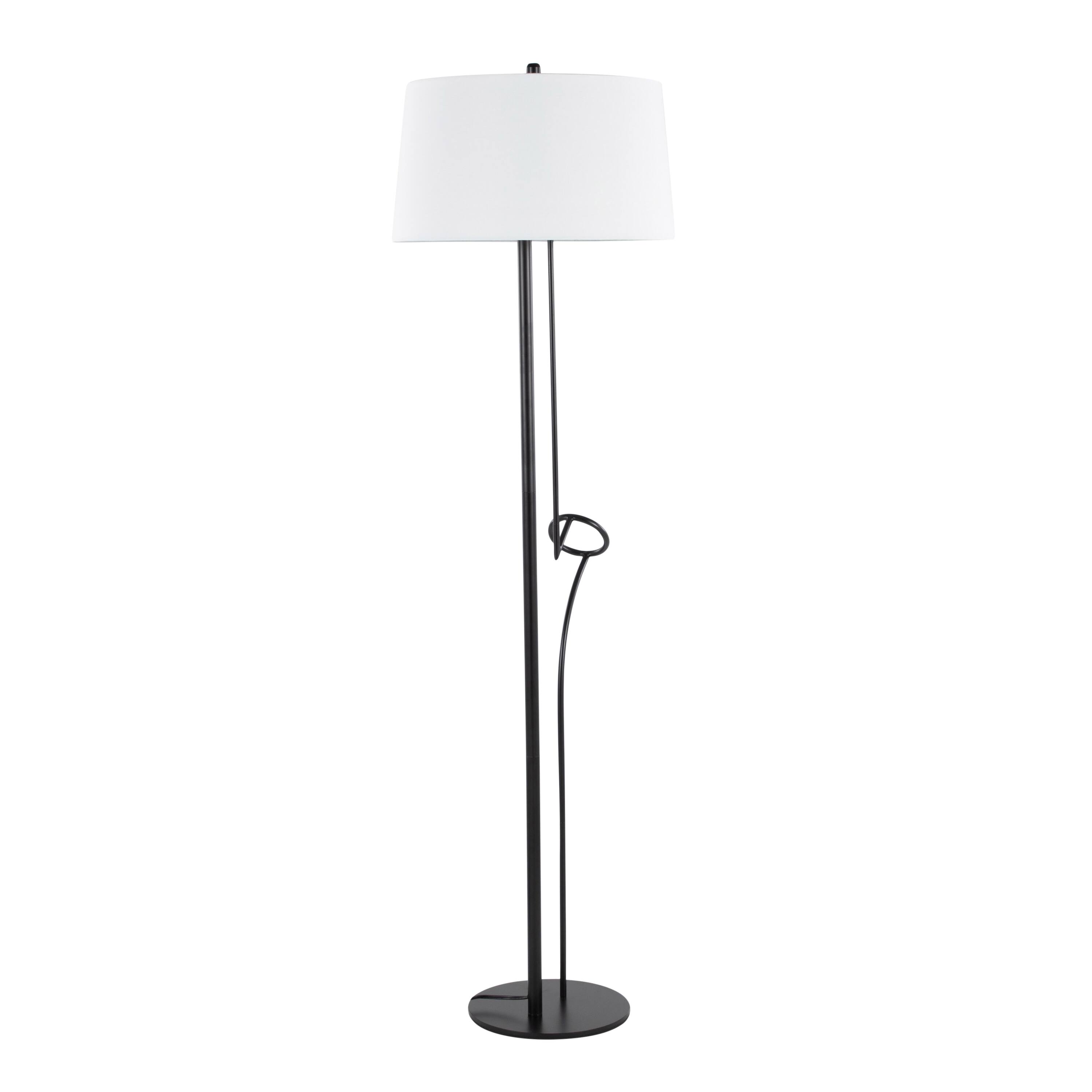 Back. Loheer - Loheer Contemporary Floor Lamp Black Steel White Linen Shade Tall Standing Light for Living Room Bedroom - Black.