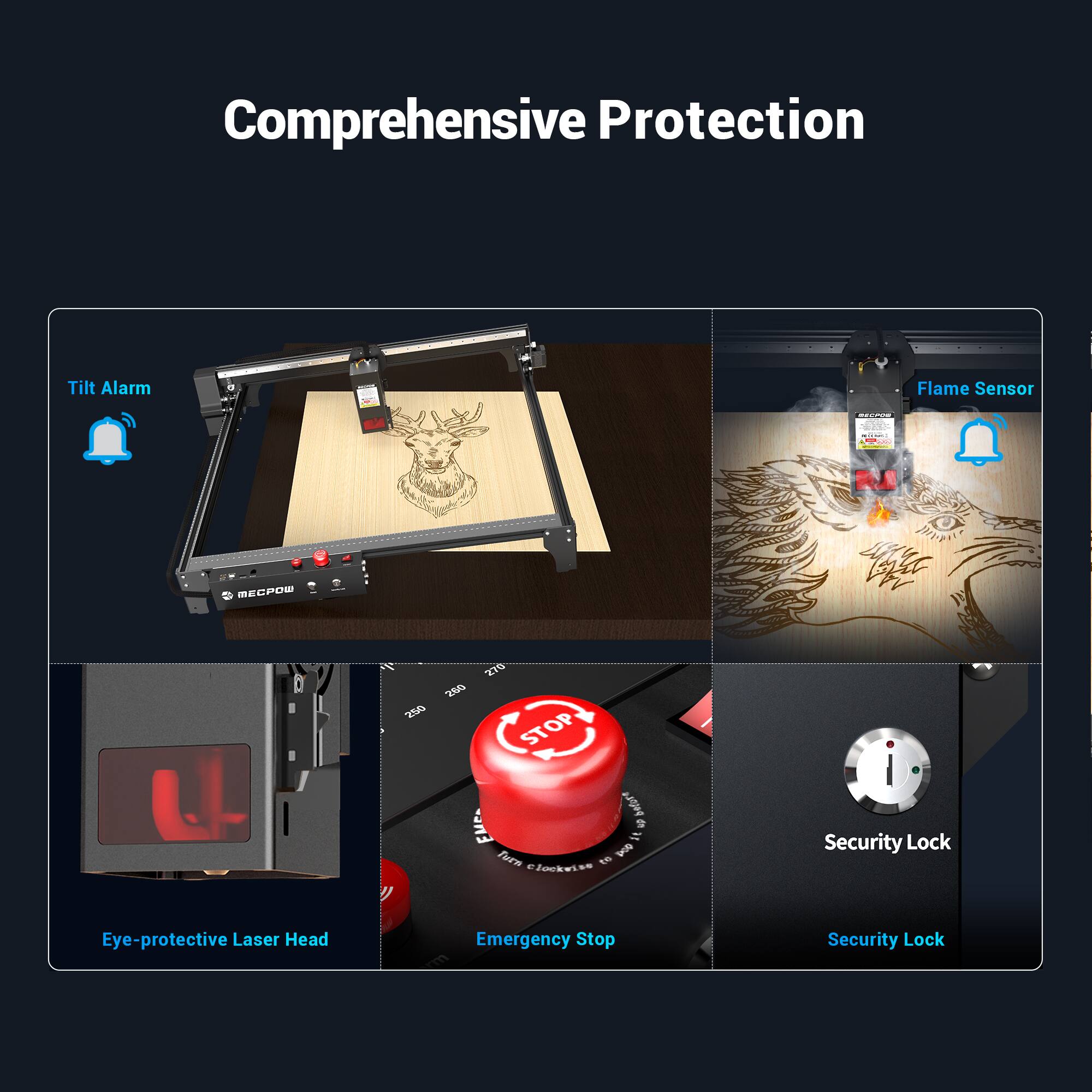 Comprehensive Protection: Tilt Alarm, Flame Sensor, Emergency Stop, Security Lock, Eye-protective Laser Head.