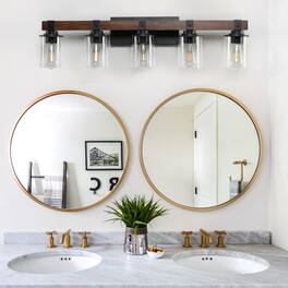LUCKY ONE - 35in Rustic 5-Light Vanity Light, Industrial Farmhouse Bathroom Sconce with Wood Accent - Walnut