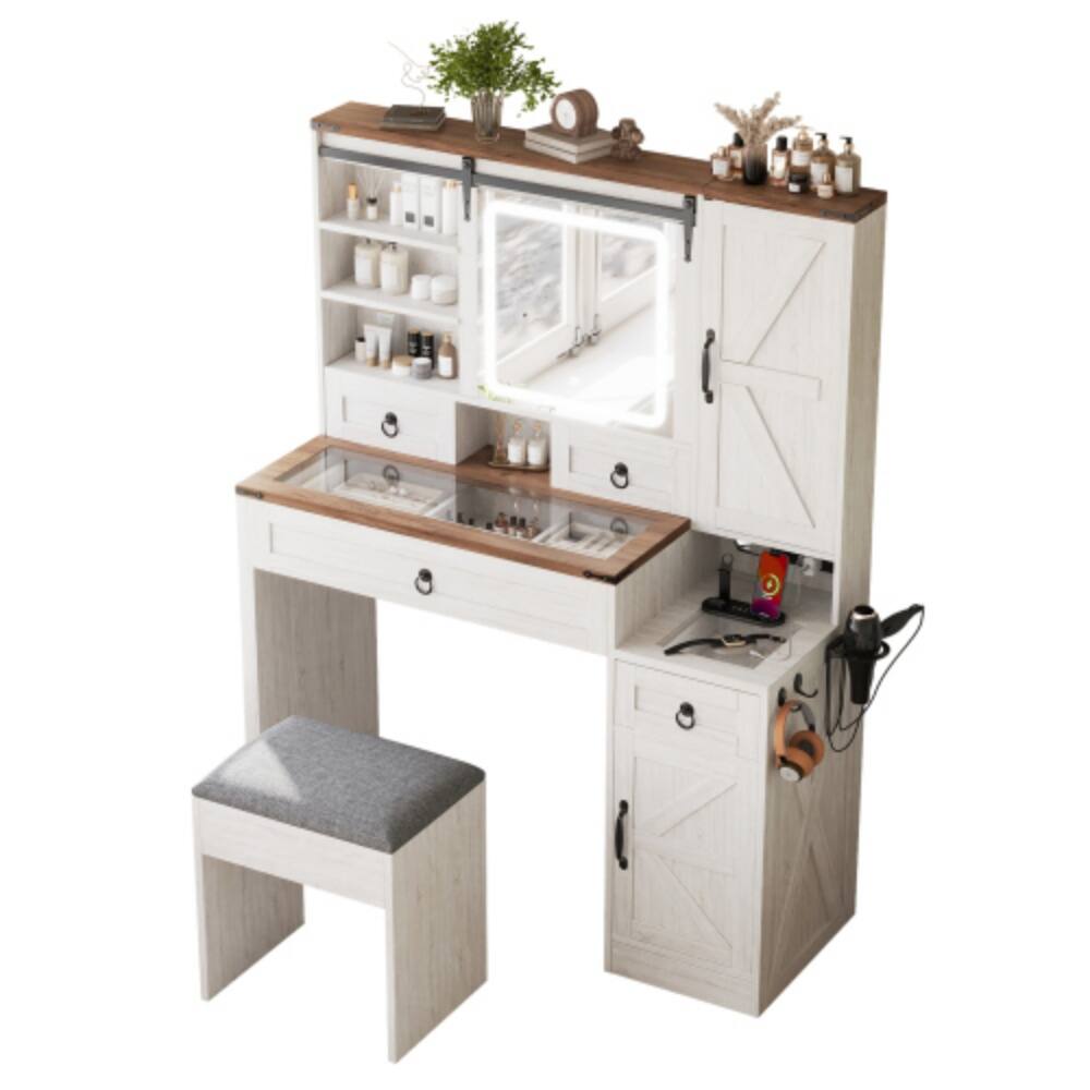 Alt View 5. LUCKY ONE - 42.5in Freestanding Farmhouse Vanity Set with Sliding LED Mirror, Glass Top, Charging Station, 4 Drawers - White.