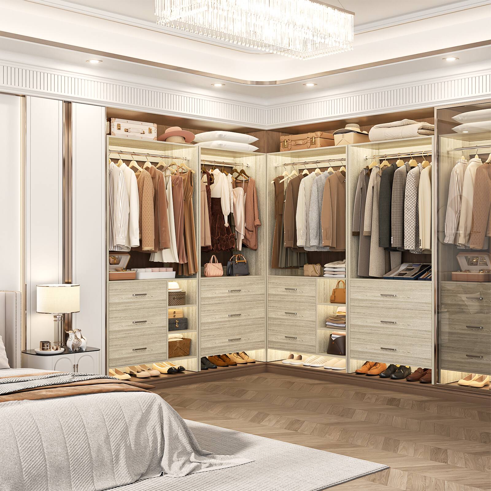 Back. Aheaplus - Wardrobe Closet System 2-Piece Set, 4.5ft Organizer System with 6 Drawers and 2 Hanging Rods - Beige Oak.