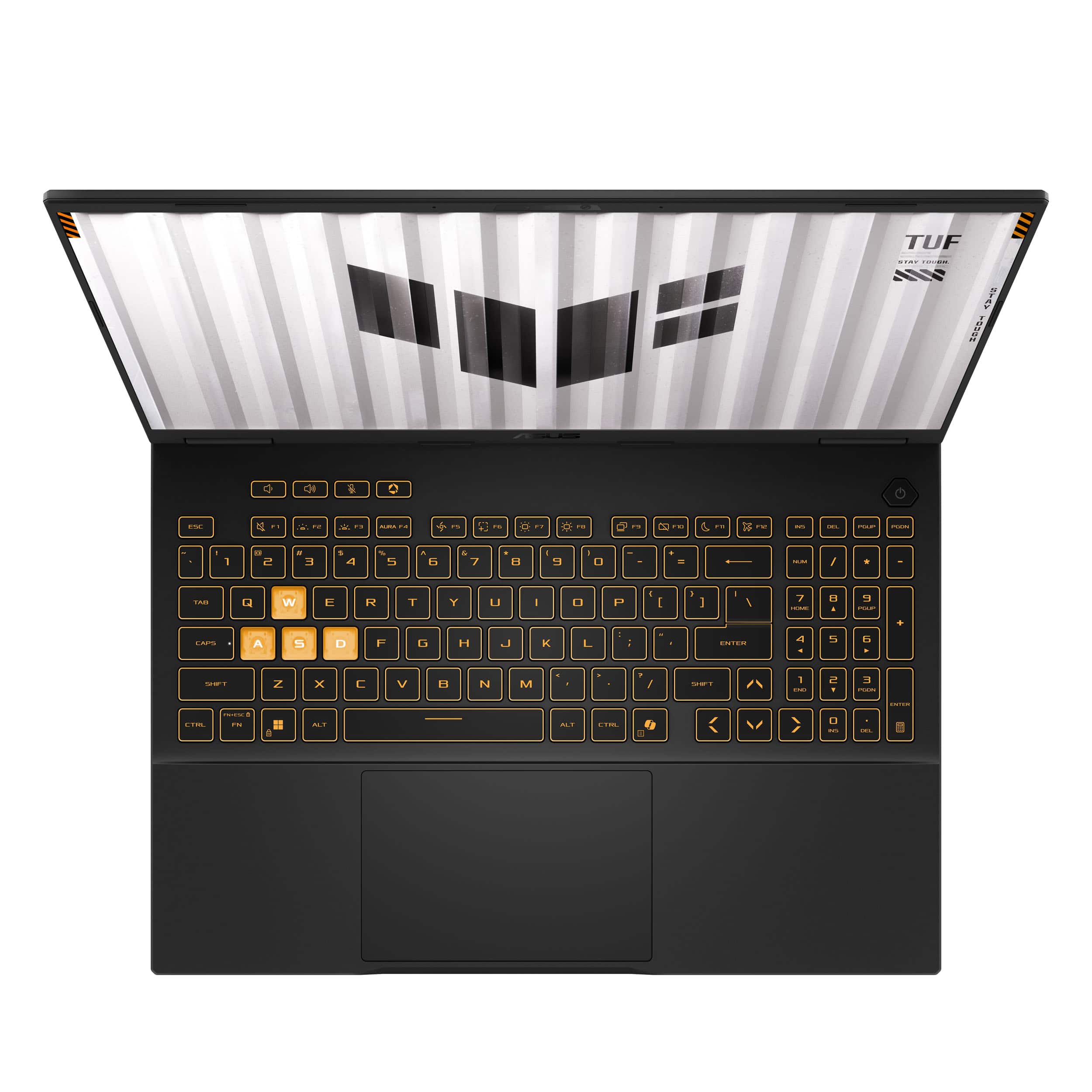 The image features a laptop computer with a black keyboard and a silver and black case. The laptop is open, revealing the keyboard and a mouse. The keyboard has a gold and black color scheme, and the laptop is made by TUF. The laptop is designed for gaming and has a sleek, modern appearance.