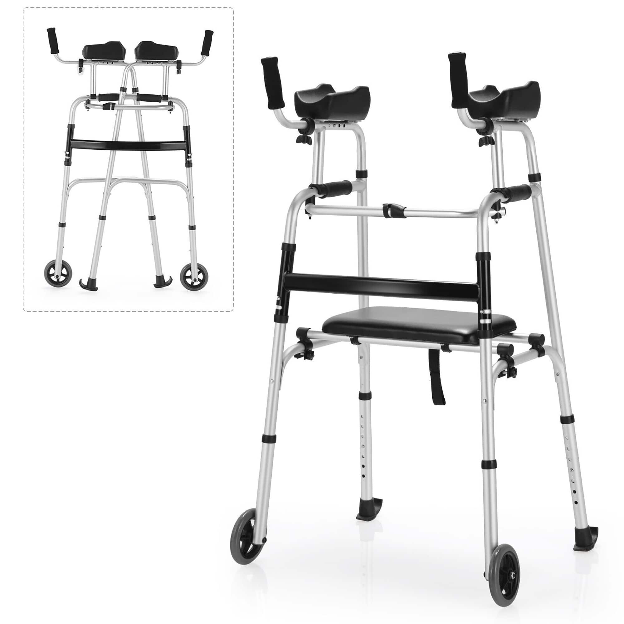 Front. Costway - Costway Foldable Aluminum Alloy Walker Wheel Walking Frame with Seat & Armrest Pad - Silver.