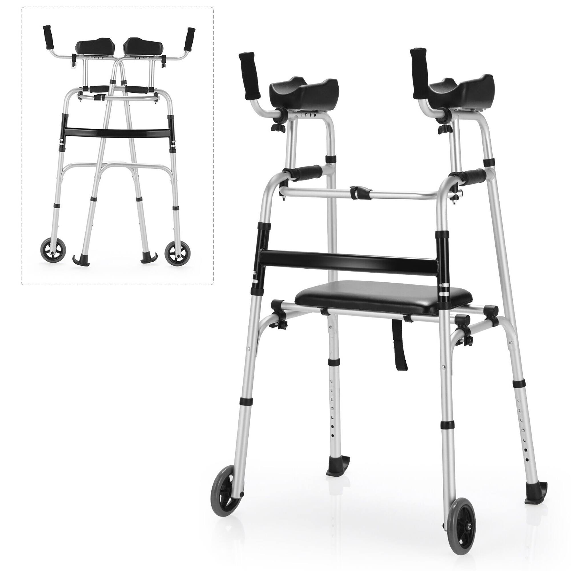 Front. Costway - Costway Foldable Aluminum Alloy Walker Wheel Walking Frame with Seat & Armrest Pad - Silver.
