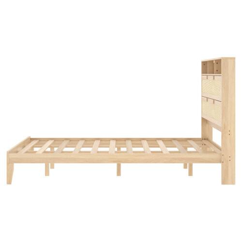 Alt View 3. Winado - Bed Frame with Storage Headboard and Charging Station, Rattan Platform Bed Wood Bed with Shelves, No Box Spring Needed - Natural,King Size.