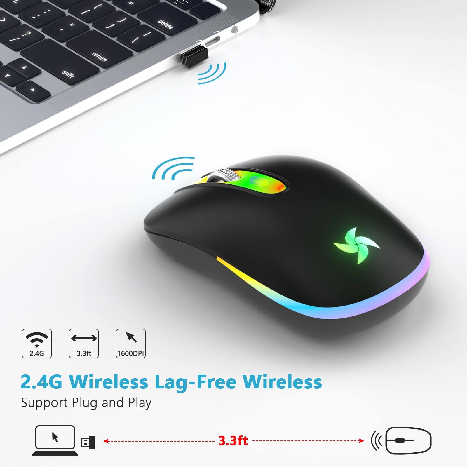 2.4G Wireless Lag-Free Wireless  
Support Plug and Play  

2.4G  
3.3ft  
1600DPI