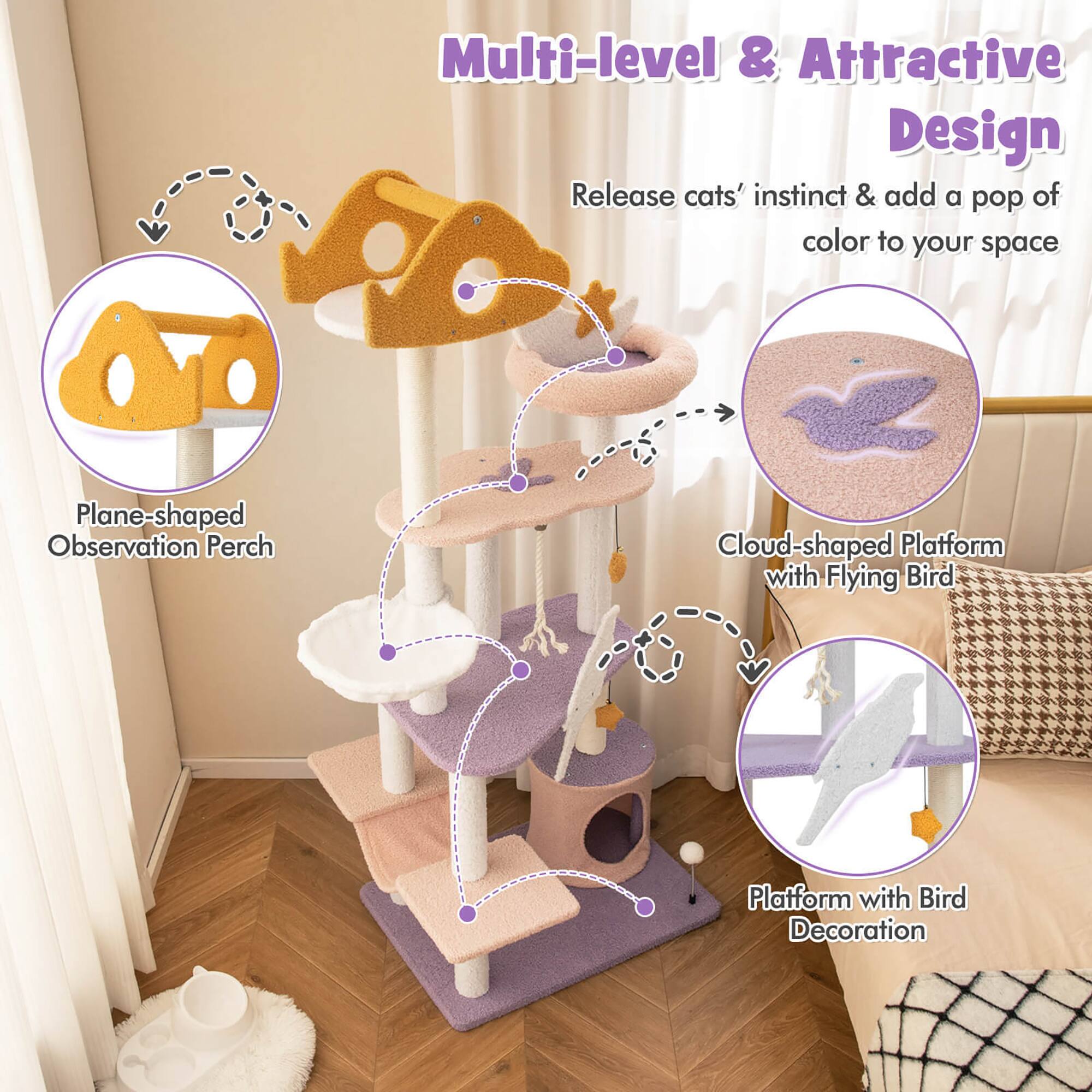 Multi-level & Attractive Design  
Release cats' instinct & add a pop of color to your space  

- Plane-shaped Observation Perch  
- Cloud-shaped Platform with Flying Bird  
- Platform with Bird Decoration