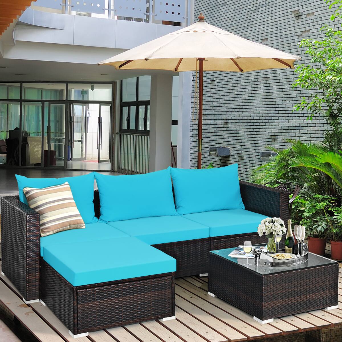 Alt View 2. Gymax - Gymax 5PCS Cushioned Rattan Patio Conversation Set w/ Coffee Table Ottoman - Blue.