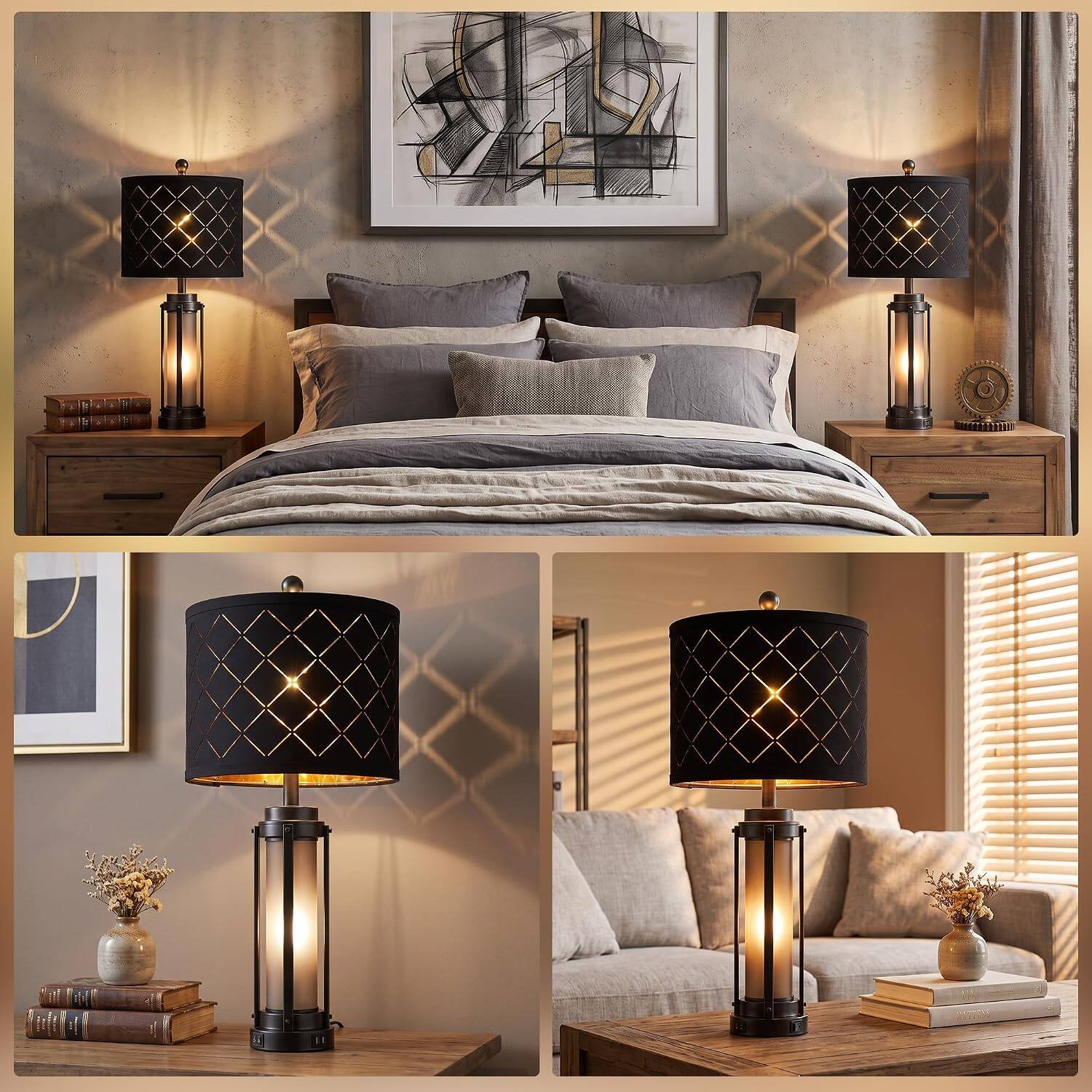 Alt View 4. partphoner - 27'' Modern Table Lamp Set of 2 with Nightlight, Metal Material, Bedroom lamp - Amber-colored.