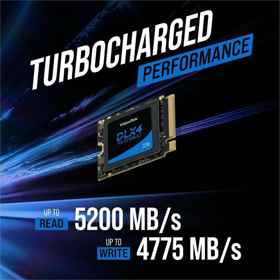 TURBOCHARGED PERFORMANCE

VisionTek DLX4 4.0 NVMe M.2 PCIe 2230

UP TO READ 5200 MB/s
UP TO WRITE 4775 MB/s