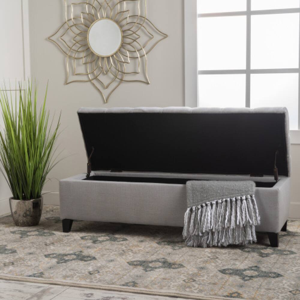 Angle. PDTEND - Contemporary Storage Ottoman in Light Gray Fabric with Button Tufted Diamond Stitch Design - Light Gray.