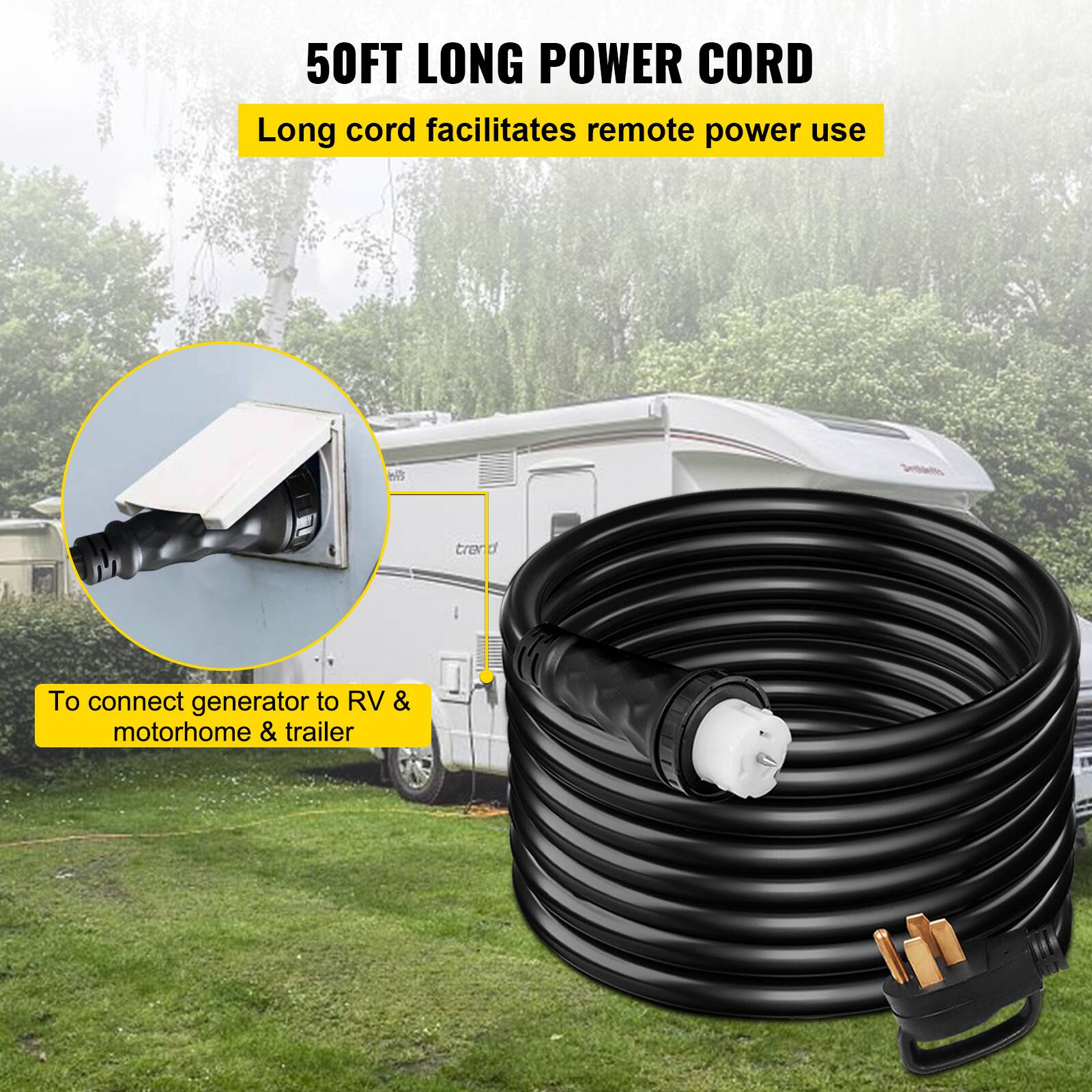 50FT LONG POWER CORD

Long cord facilitates remote power use

To connect generator to RV & motorhome & trailer